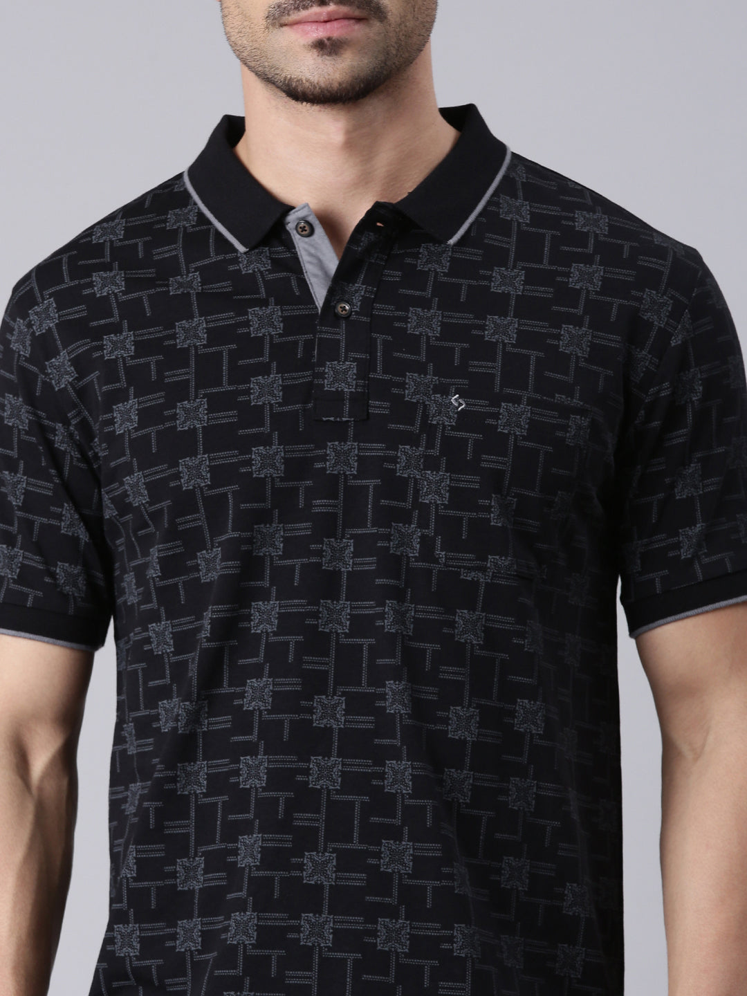 Classic Polo Men's Half Sleeve Black/Grey Polo Neck Slim Fit All Over Print Cotton T-Shirt | BELLO - 324 A SF P