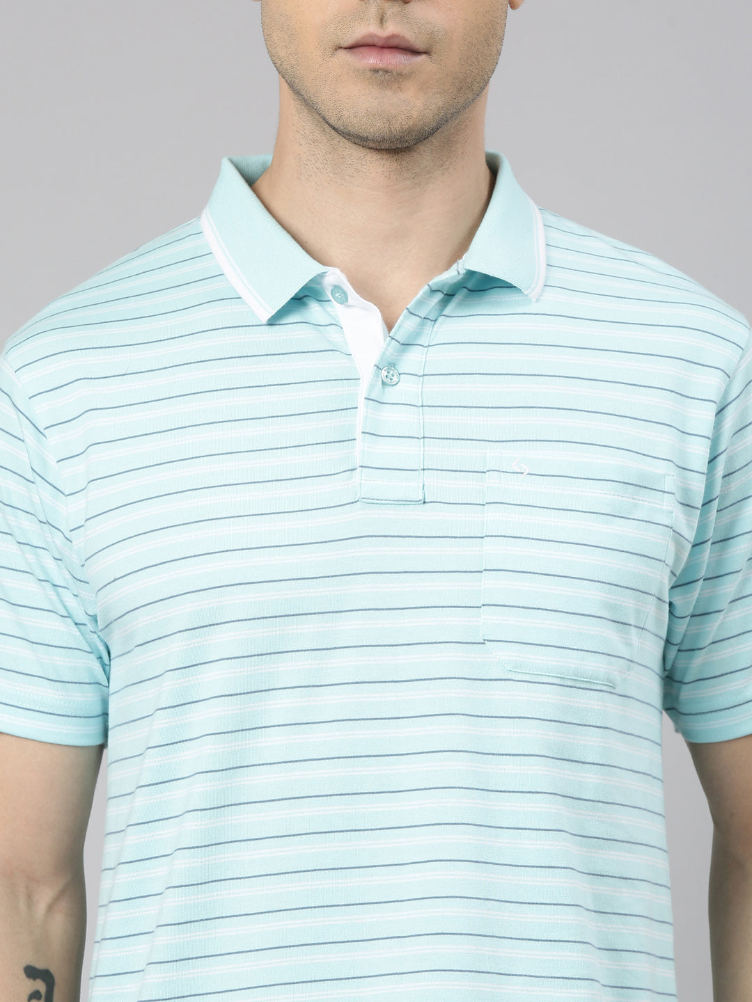 Classic Polo Men's Half Sleeve Light Green/White Polo Neck Authentic Fit Striped Cotton T-Shirt | FEEDERS - 292 A AF P