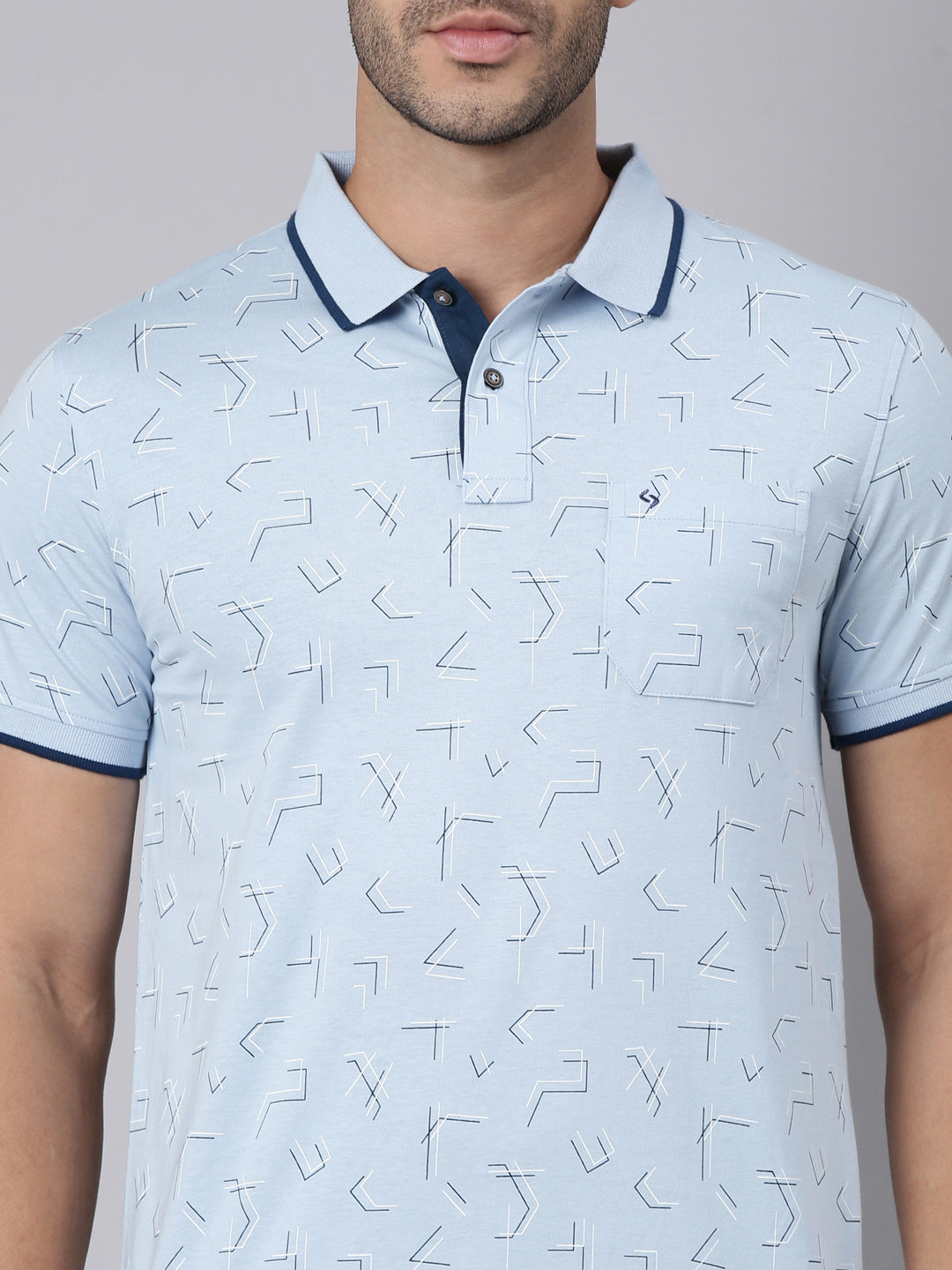 Classic Polo Men's Half Sleeve Blue Polo Neck Slim Fit All-Over Print Cotton T-Shirt | BELLO - 383 B SF P