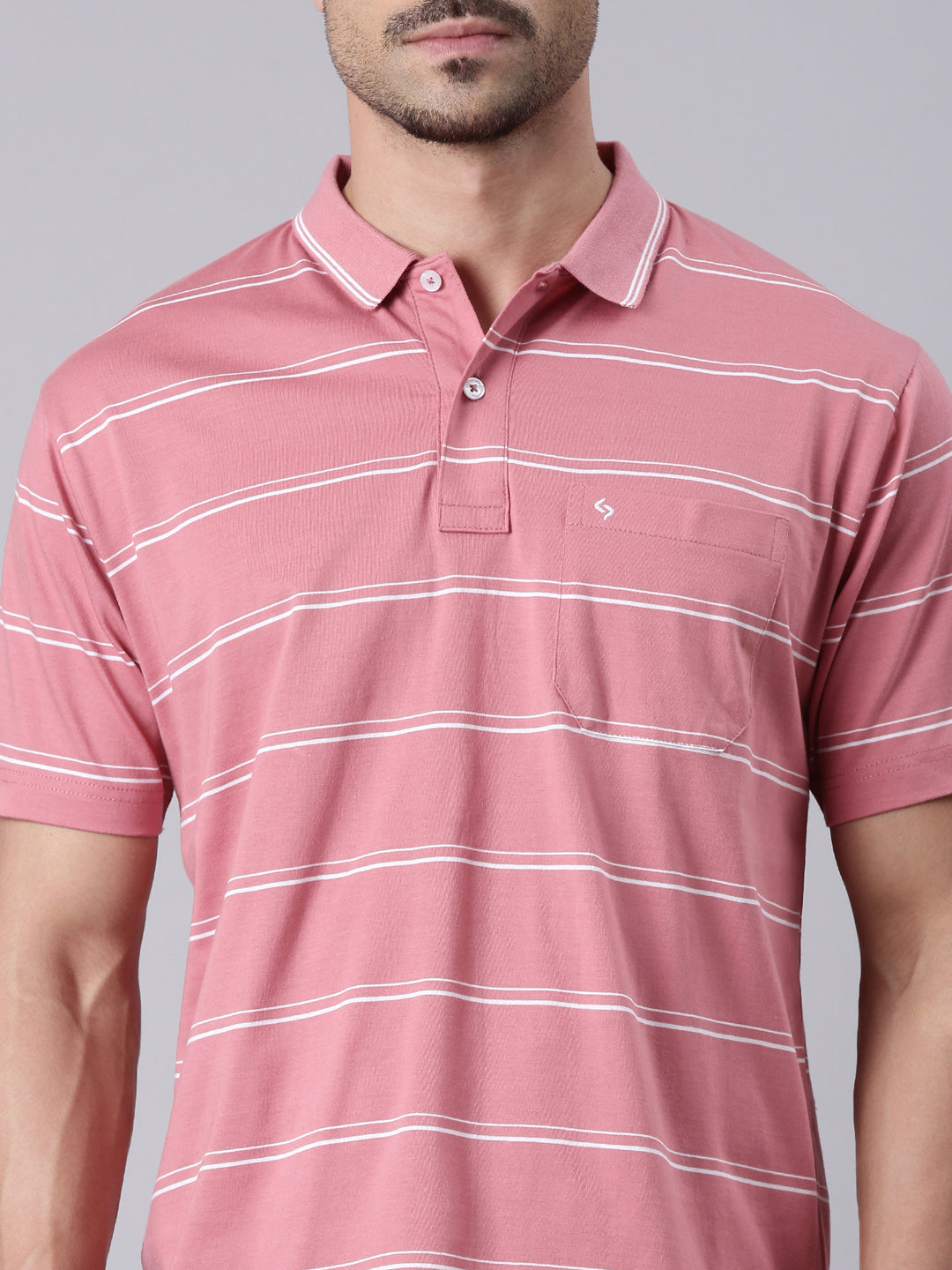 Classic Polo Men's Half Sleeve Peach/White Polo Neck Authentic Fit Striped Cotton T-Shirt | AP - 113 A AF P