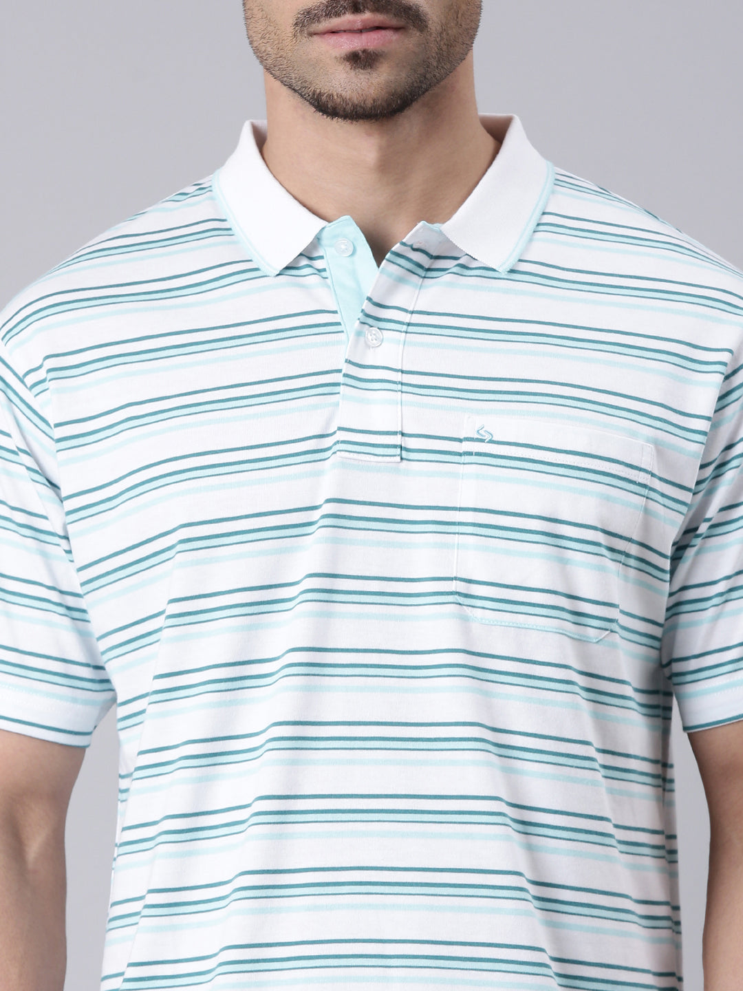 Classic Polo Men's Half Sleeve White/Green Polo Neck Authentic Fit Striped Cotton T-Shirt | FEEDERS - 297 A AF P