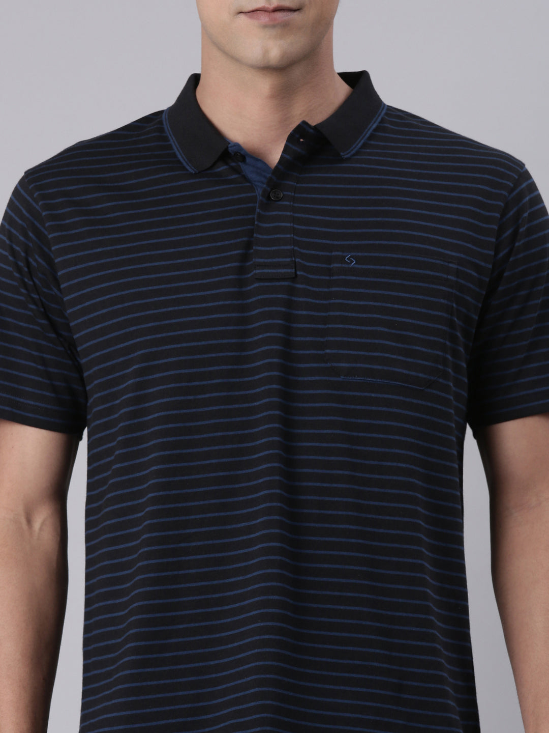 Classic Polo Men's Half Sleeve Navy Blue Polo Neck Authentic Fit Striped Cotton T-Shirt | FEEDERS - 300 B AF P