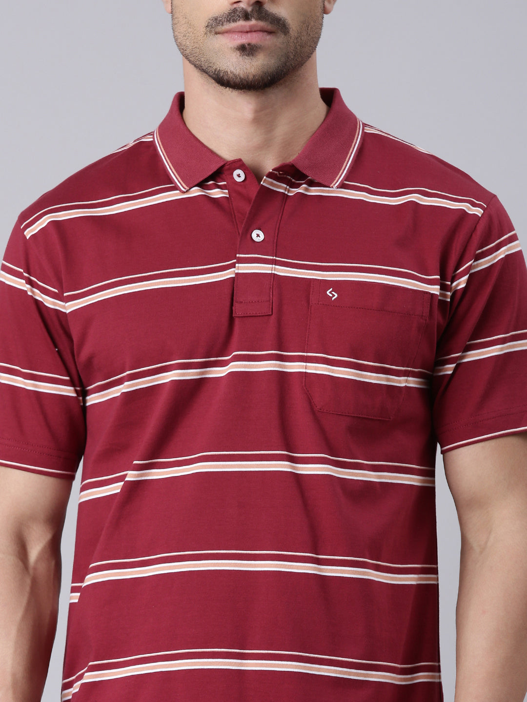 Classic Polo Men's Half Sleeve Maroon/White Polo Neck Authentic Fit Striped Cotton T-Shirt | AP - 111 B AF P