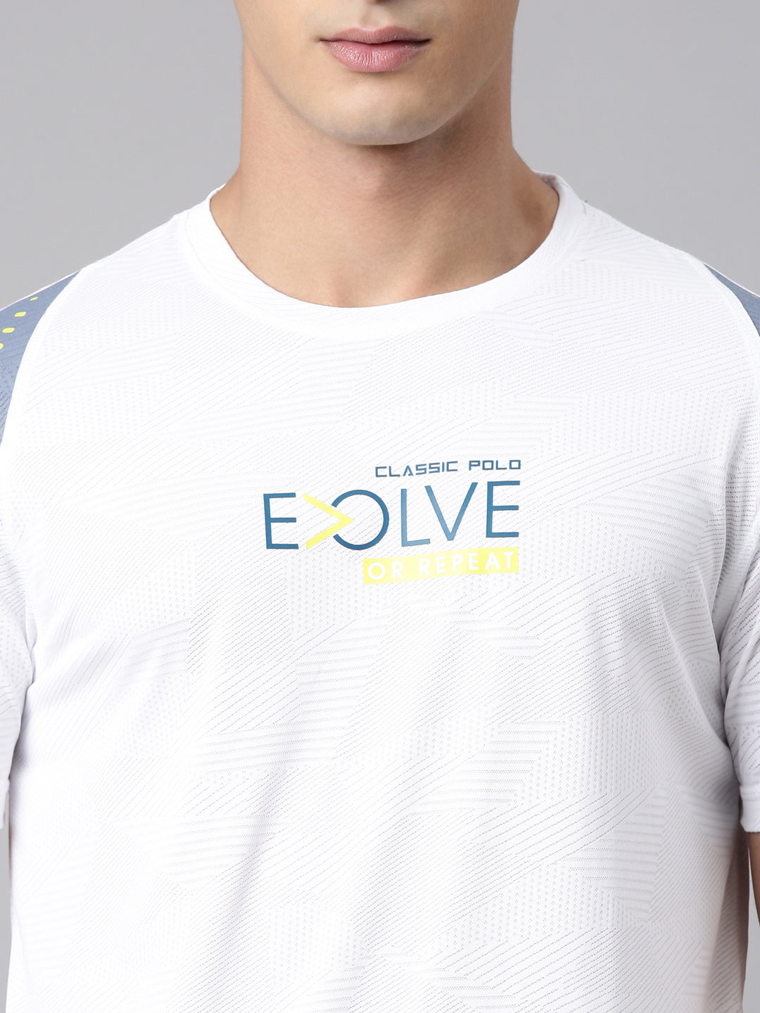 Classic Polo Men's Half Sleeve White/Grey Crew Neck Slim Fit Printed Polyester Active Wear T-Shirt | CP-SPZ-01 A SF C