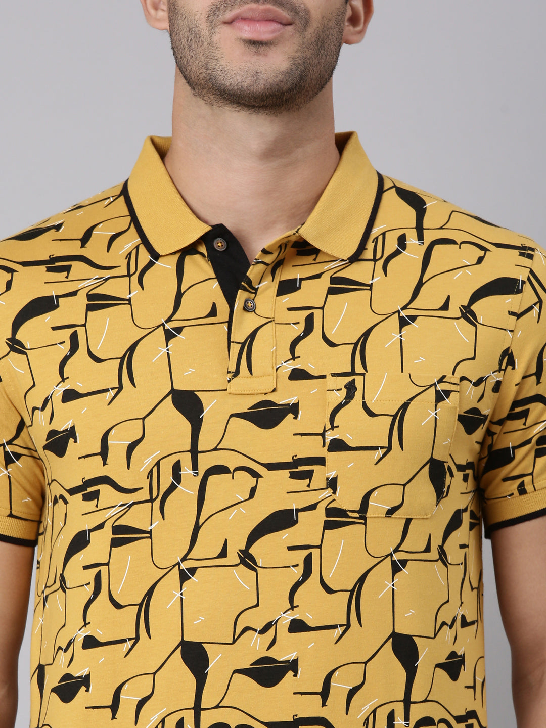 Classic Polo Men's Half Sleeve Yellow/Black Polo Neck Slim Fit All-Over Print Cotton T-Shirt | BELLO - 407 A SF P