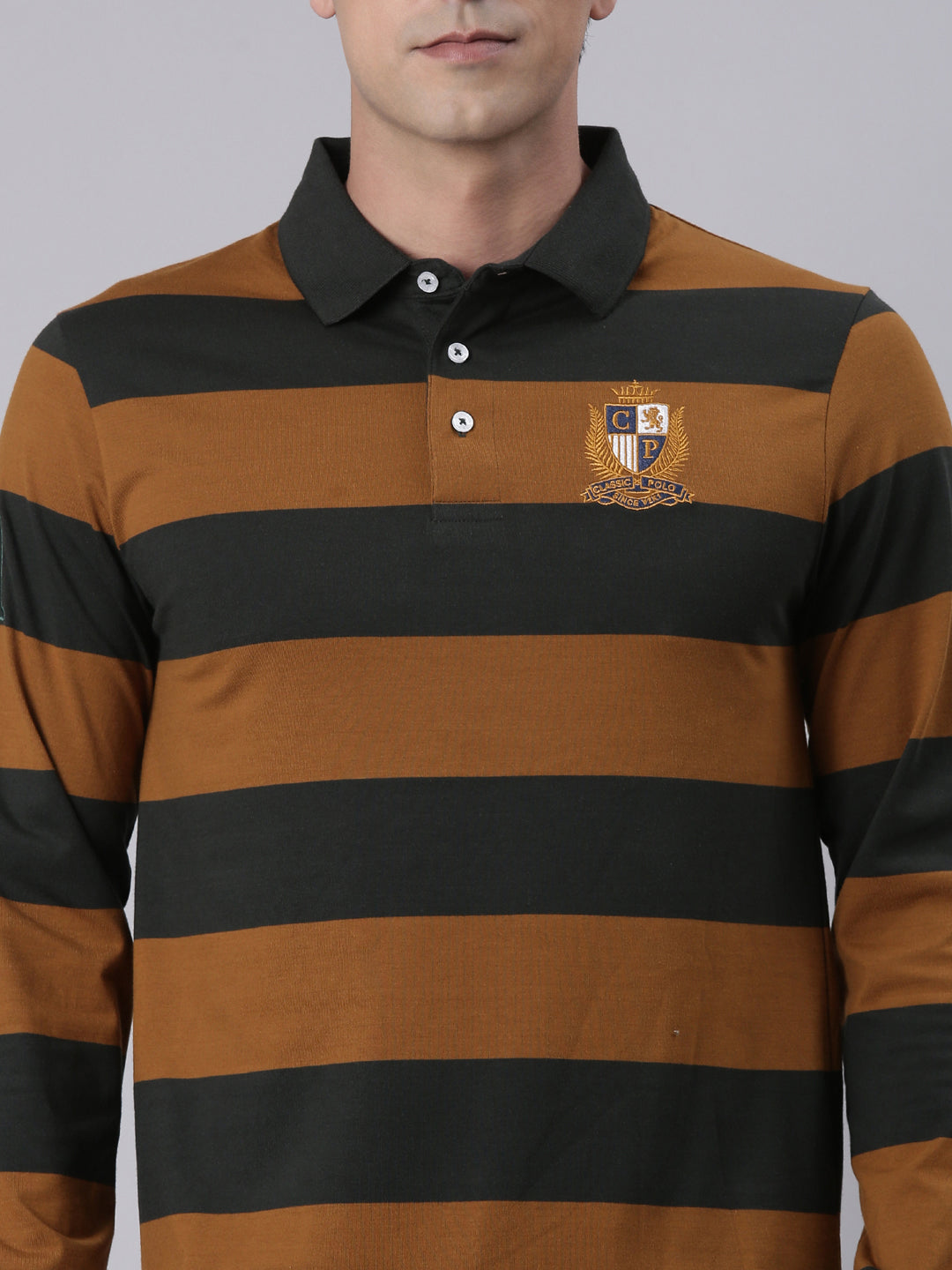 Classic Polo Men's Full Sleeve Brown/Black Polo Neck Slim Fit Colorblock Cotton T-Shirt | LTS-FSH - 126 A SF P