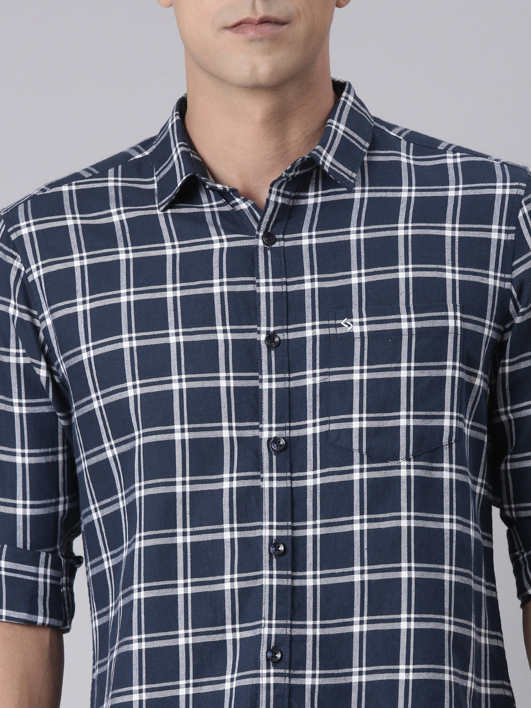 Classic Polo Men's Full Sleeve Navy Blue/White Polo Neck Slim Fit Checked Cotton Casual Shirt | SQ2-CL-39 B-FS-CHK-SF