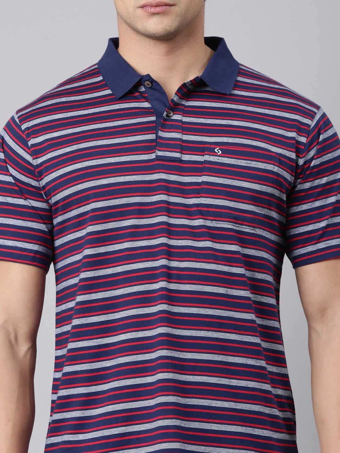 Classic Polo Men's Half Sleeve Navy/Red Polo Neck Authentic Fit Striped Cotton Blend T-Shirt | FEEDERS - 314 A AF P