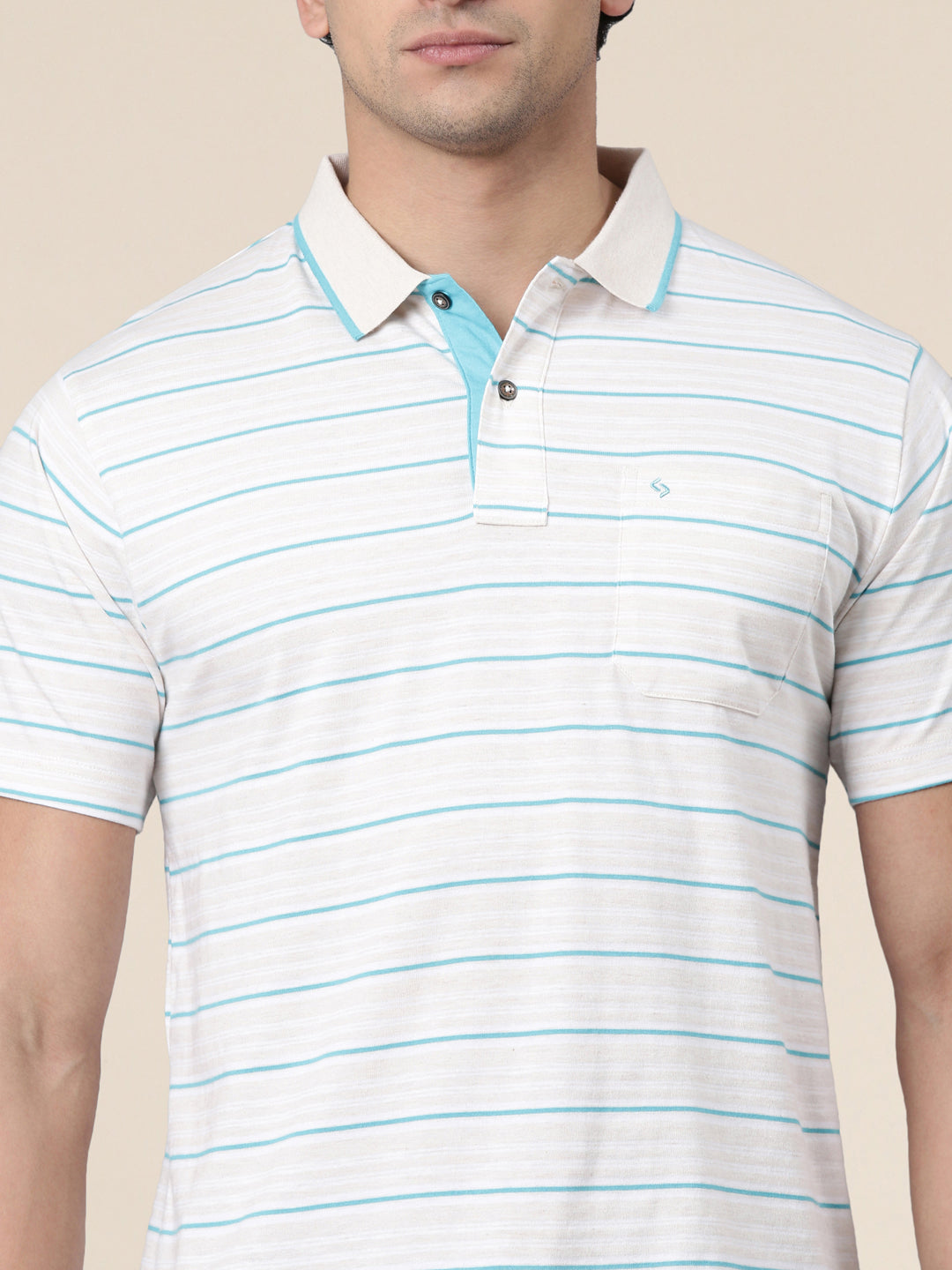 Classic Polo Men's Half Sleeve White/Blue Polo Neck Authentic Fit Striped Cotton Blend T-Shirt | FEEDERS - 303 A AF P