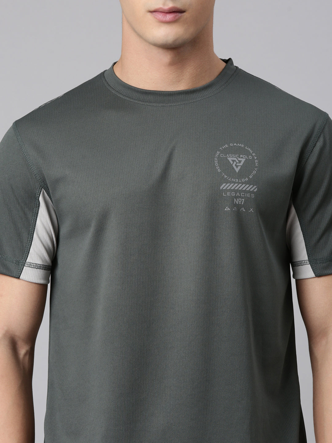 Classic Polo Men's Half Sleeve Dark Grey Crew Neck Slim Fit Printed Polyester Active Wear T-Shirt | CP-SPZ-02 B SF C