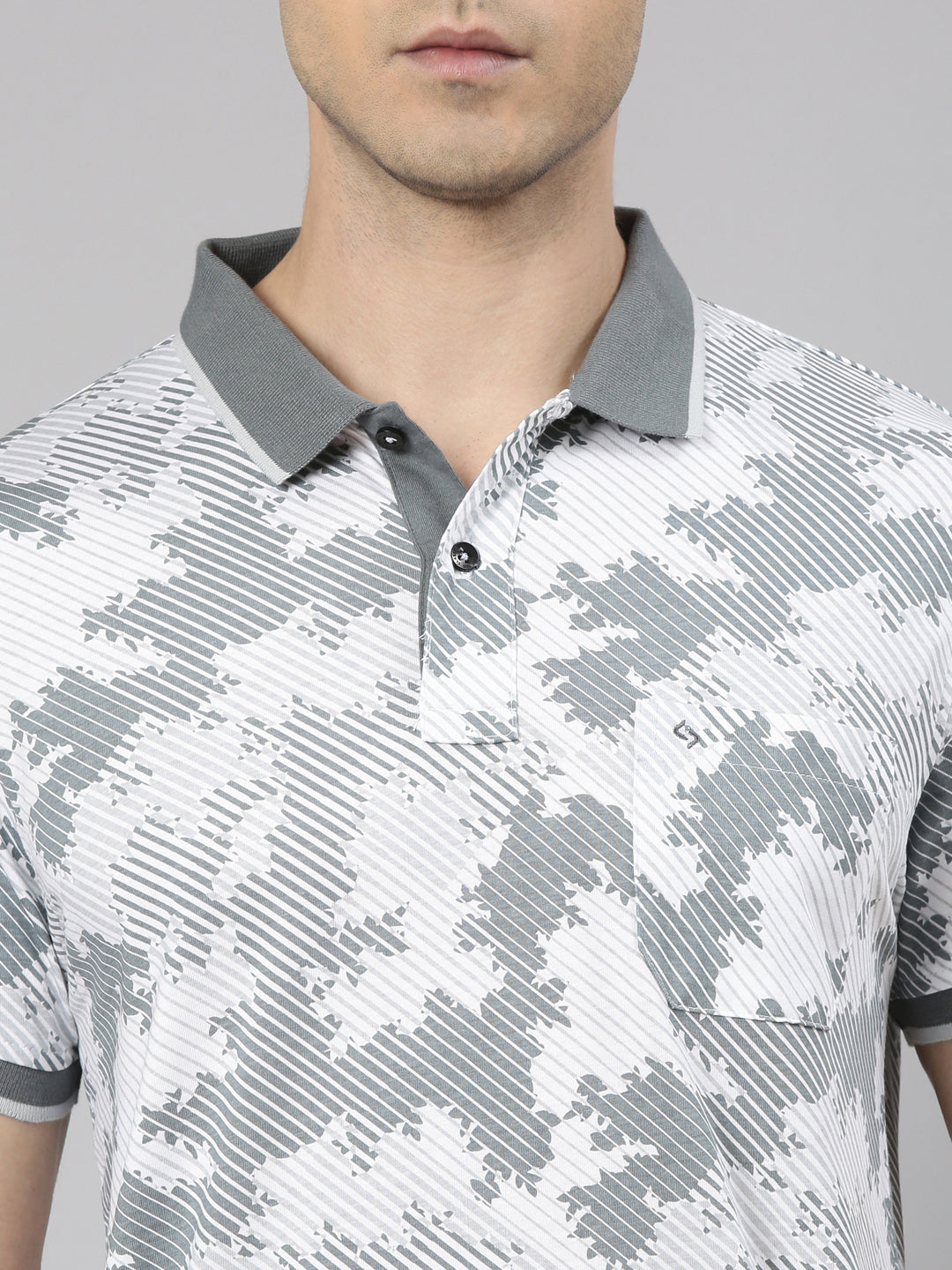 Classic Polo Men's Half Sleeve Grey/White Polo Neck Slim Fit All-Over Print Cotton T-Shirt | BELLO - 365 A SF P