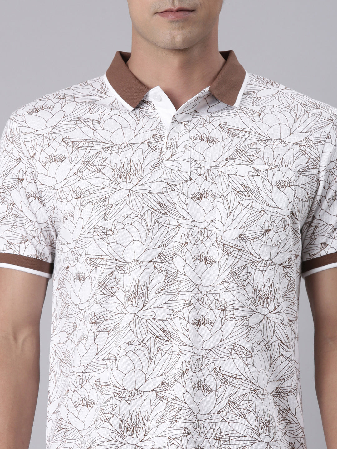 Classic Polo Men's Half Sleeve White/Brown Polo Neck Slim Fit All Over Print Cotton T-Shirt | LTS-AOP - 99 A SF P