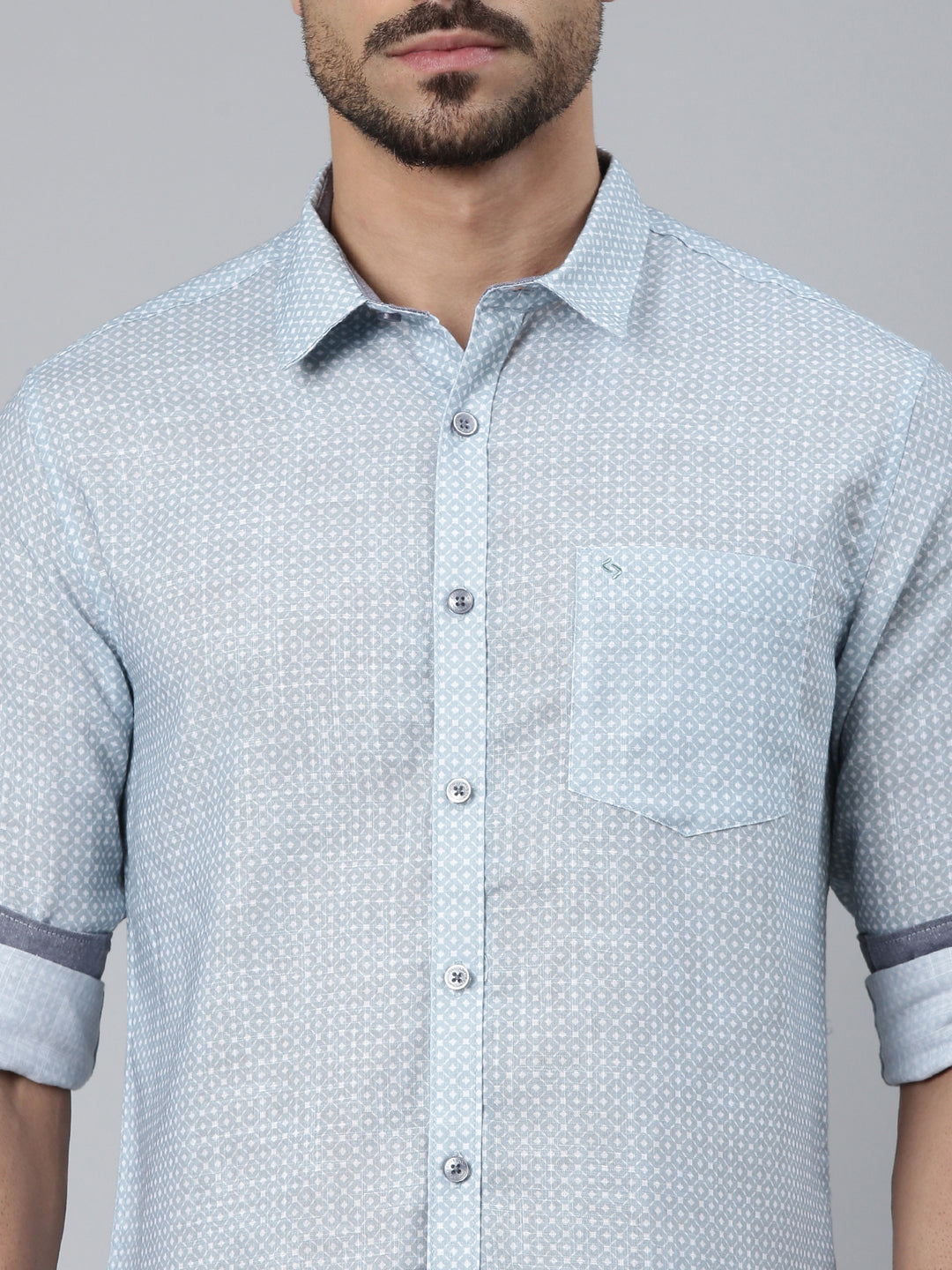 Classic Polo Men's Full Sleeve Light Blue/White Polo Neck Slim Fit All-Over Print Cotton Casual Shirt | SQ2-CL-60 A-FS-PRT-SF