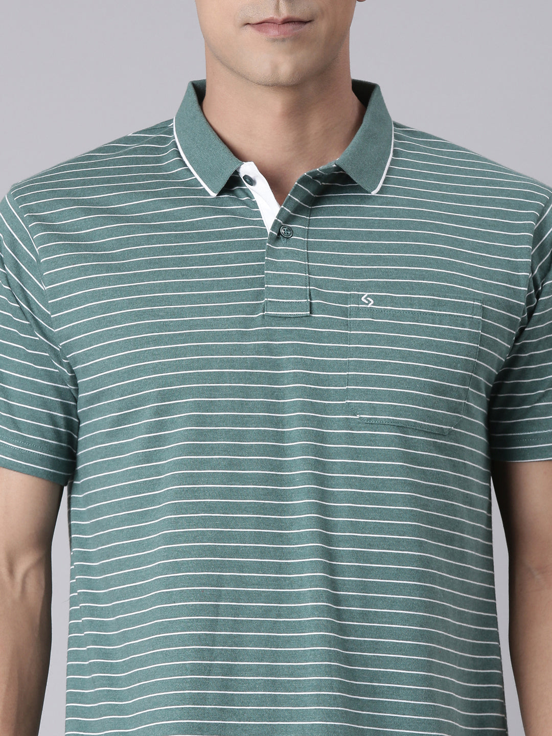 Classic Polo Men's Half Sleeve Dark Green/White Polo Neck Authentic Fit Striped Cotton T-Shirt | FEEDERS - 295 A AF P