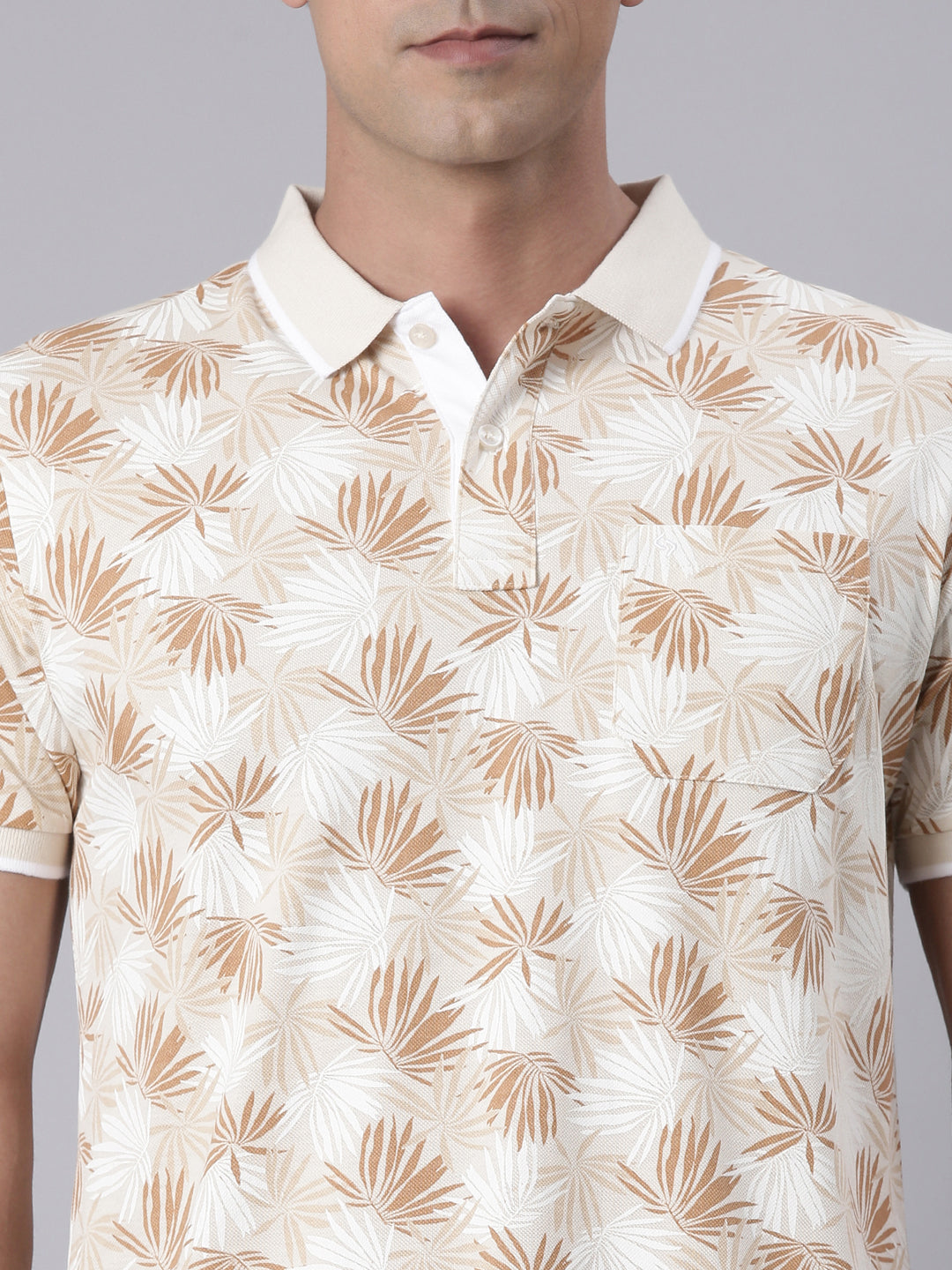 Classic Polo Men's Half Sleeve Beige/White Polo Neck Slim Fit All Over Print Cotton T-Shirt | BEAU - 284 B SF P
