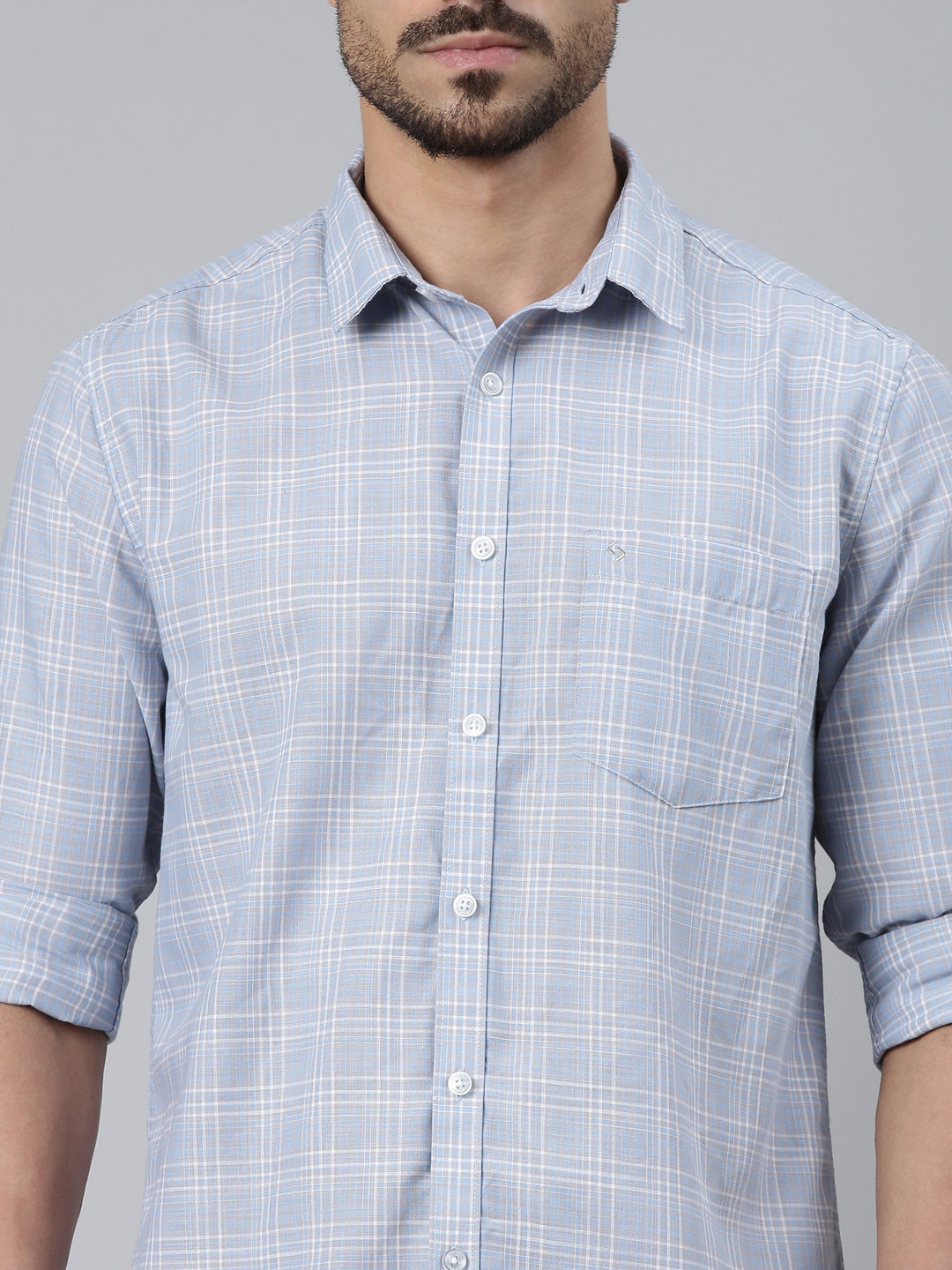 Classic Polo Men's Light Blue/White Polo Neck Checked Cotton Slim Fit Woven Shirt | SQ2-EL-61 B-FS-CHK-SF