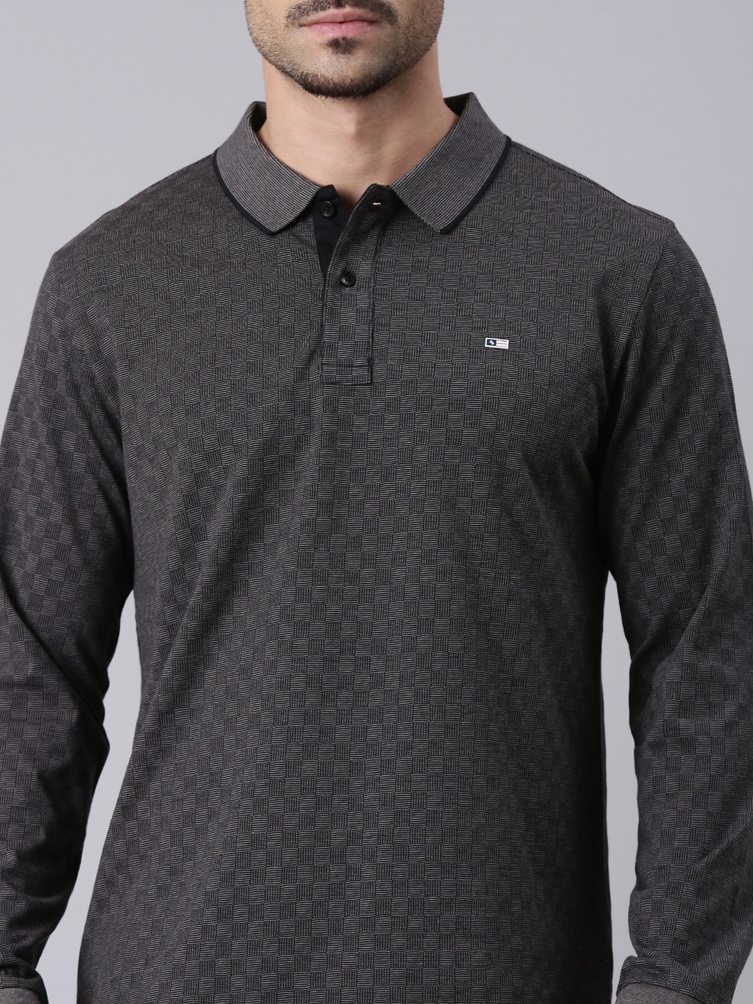 Classic Polo Men's Full Sleeve Dark Grey/Black Polo Neck Slim Fit All-Over Print Cotton T-Shirt | LTS-FSH - 127 A SF P