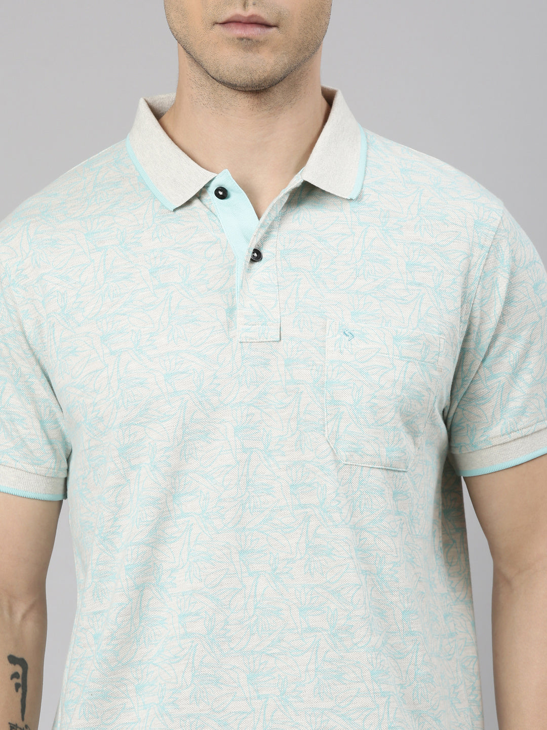 Classic Polo Men's Half Sleeve Grey/Blue Polo Neck Slim Fit All-Over Print Cotton T-Shirt | LTS-AOP - 98 A SF P