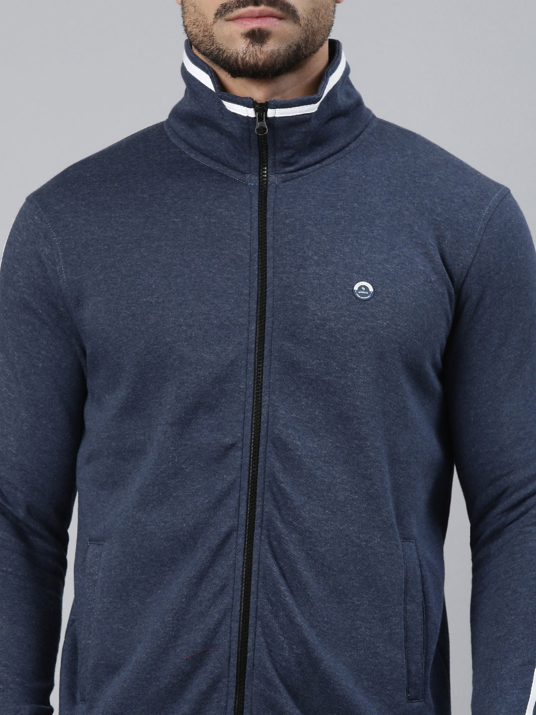 Classic Polo Men's Navy Melange High Neck Front Open Zipper Solid Side Pocket Sweatshirt | LSWT - 02 B