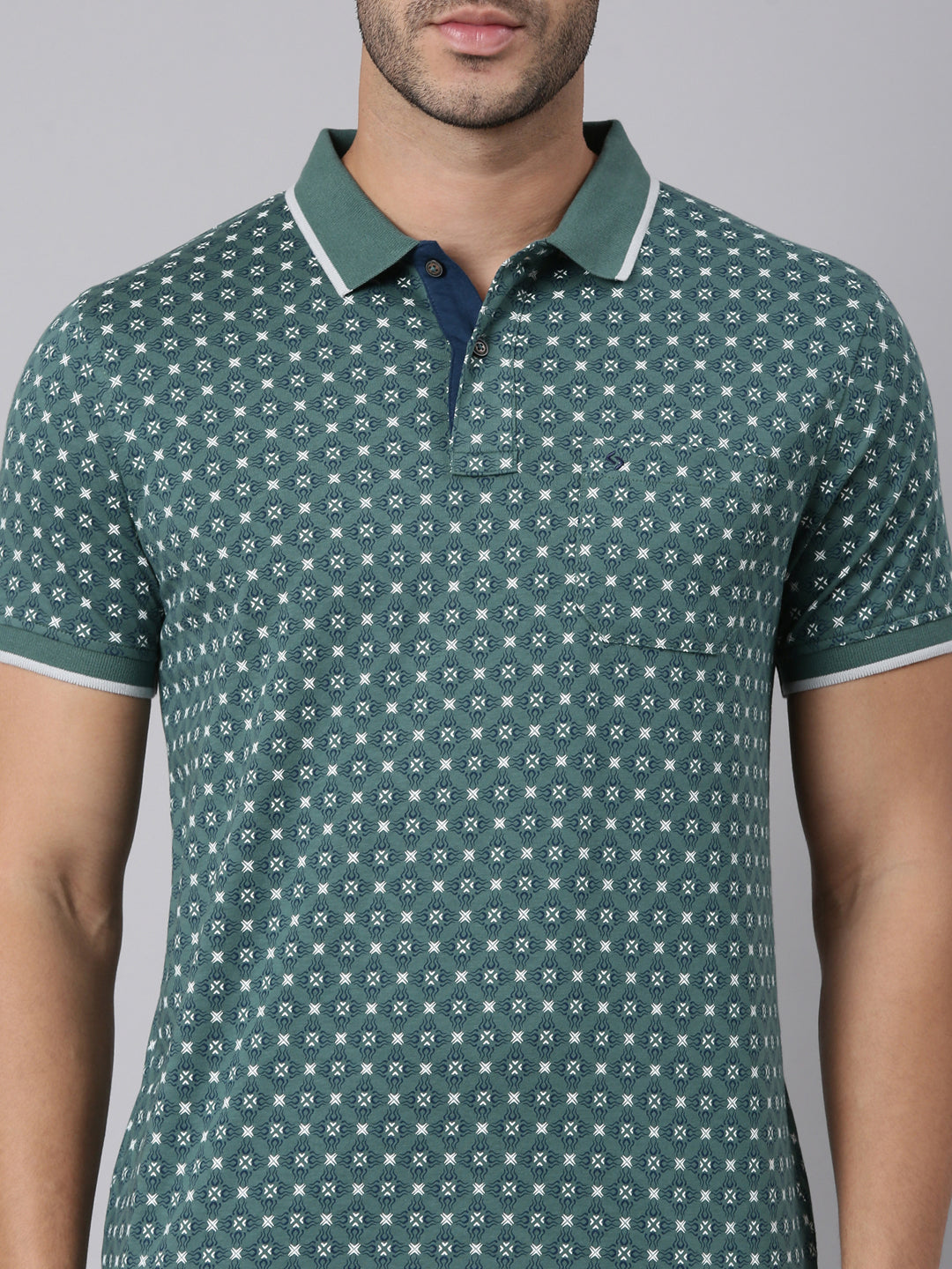 Classic Polo Men's Half Sleeve Green/White Polo Neck Slim Fit All-Over Print Cotton T-Shirt | BELLO - 395 B SF P