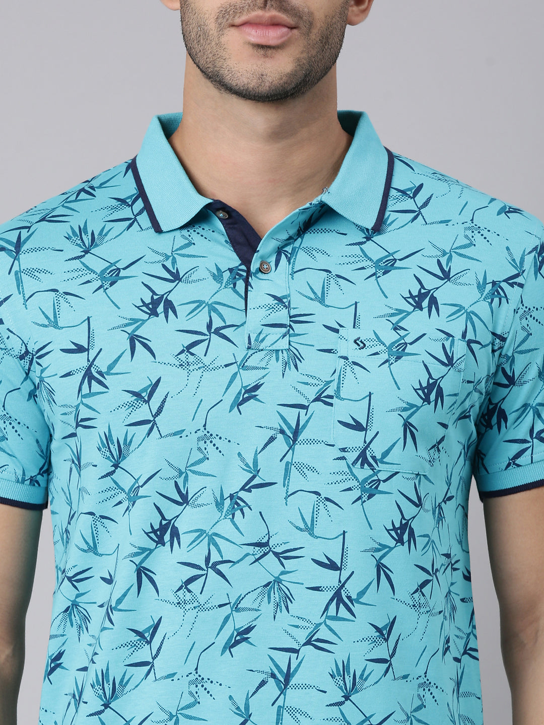 Classic Polo Men's Half Sleeve Blue Polo Neck Slim Fit All-Over Print Cotton T-Shirt | BELLO - 417 A SF P