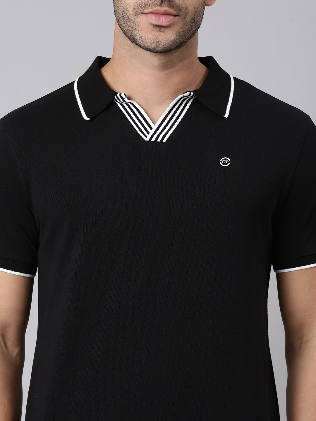 Classic Polo Men's Half Sleeve Black Polo Neck Slim Fit Solid Cotton Blend T-Shirt | RAVE POLO - 03 A SF P