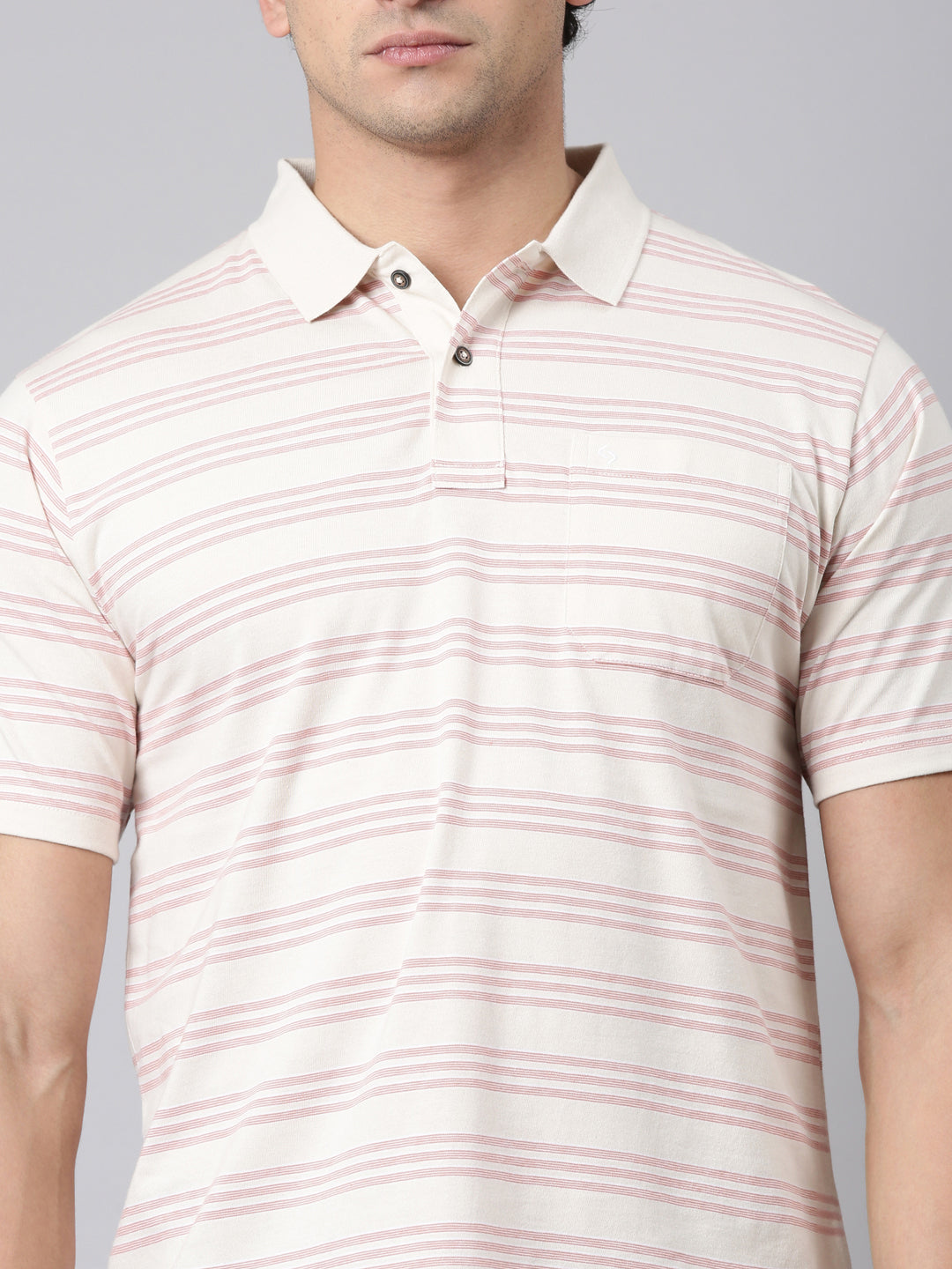 Classic Polo Men's Half Sleeve Beige Polo Neck Authentic Fit Striped Cotton Blend T-Shirt | AVON - 656 A AF P