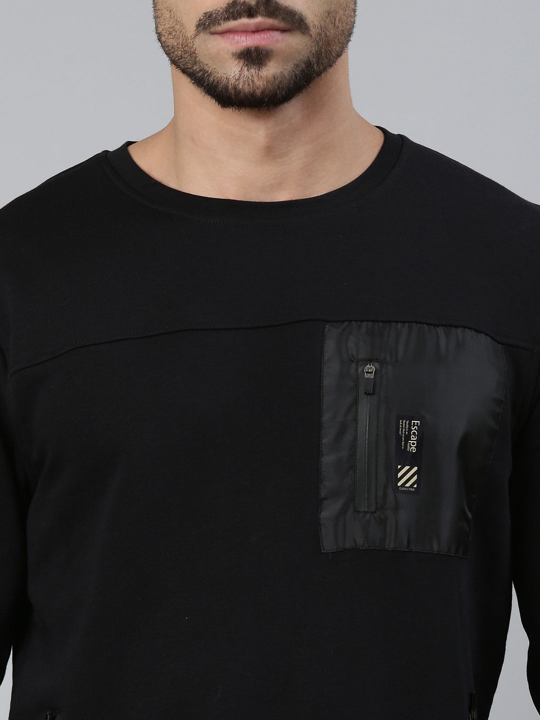Classic Polo Men's Black Crew Neck Pull Over Solid Side Zipper Pocket Sweatshirt | CPSS - 501 A