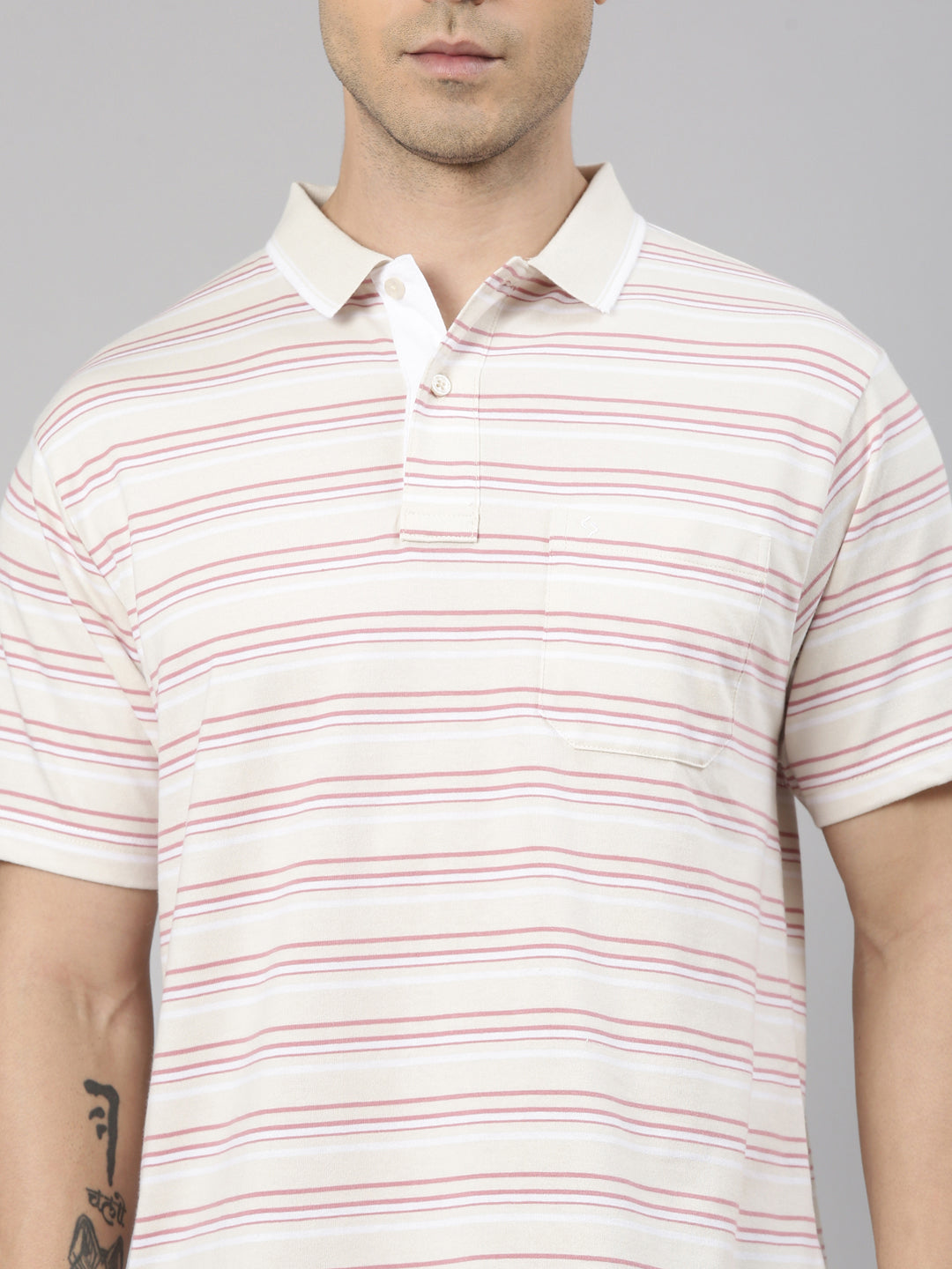 Classic Polo Men's Half Sleeve Off-White/Pink Polo Neck Authentic Fit Striped Cotton T-Shirt | FEEDERS - 297 B AF P