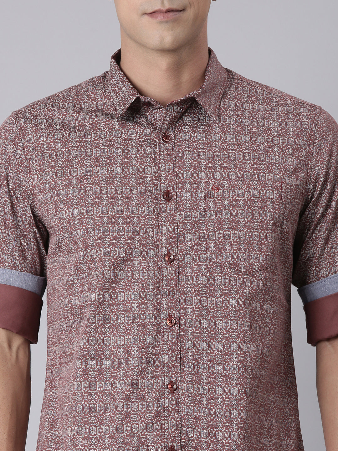 Classic Polo Men's Brown/White Polo Neck Printed Cotton Slim Fit Woven Shirt | LSHQ2-86 A-FS-PRT-SF