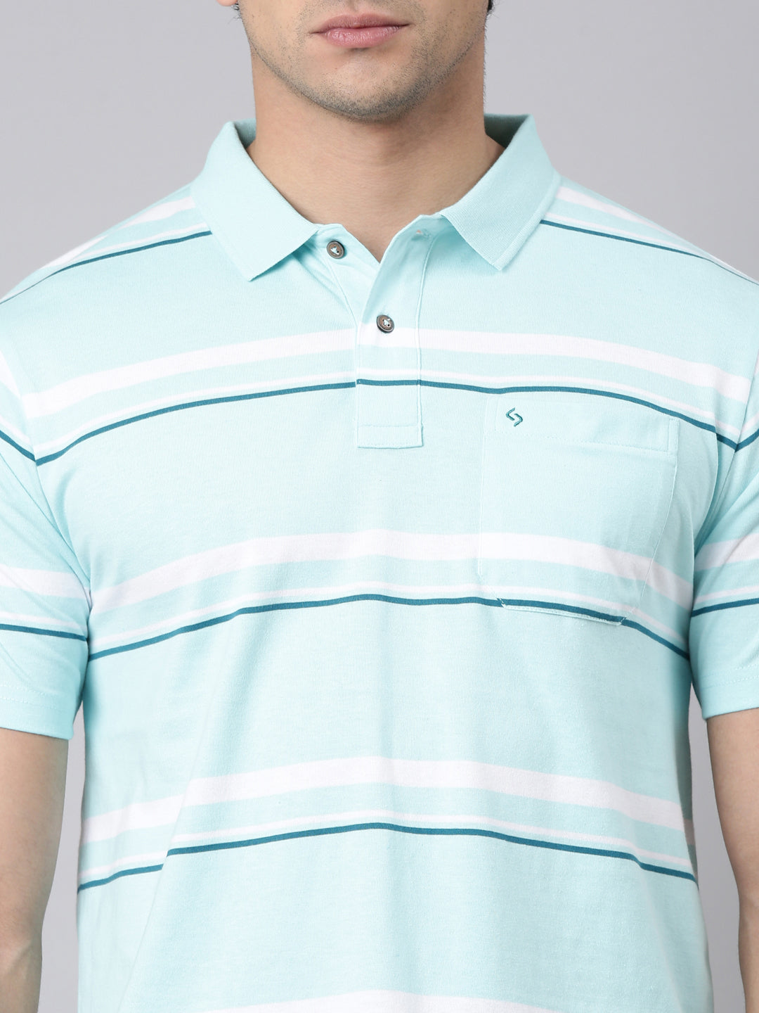 Classic Polo Men's Half Sleeve Light Blue/White Polo Neck Authentic Fit Striped Cotton Blend T-Shirt | AVON - 655 A AF P