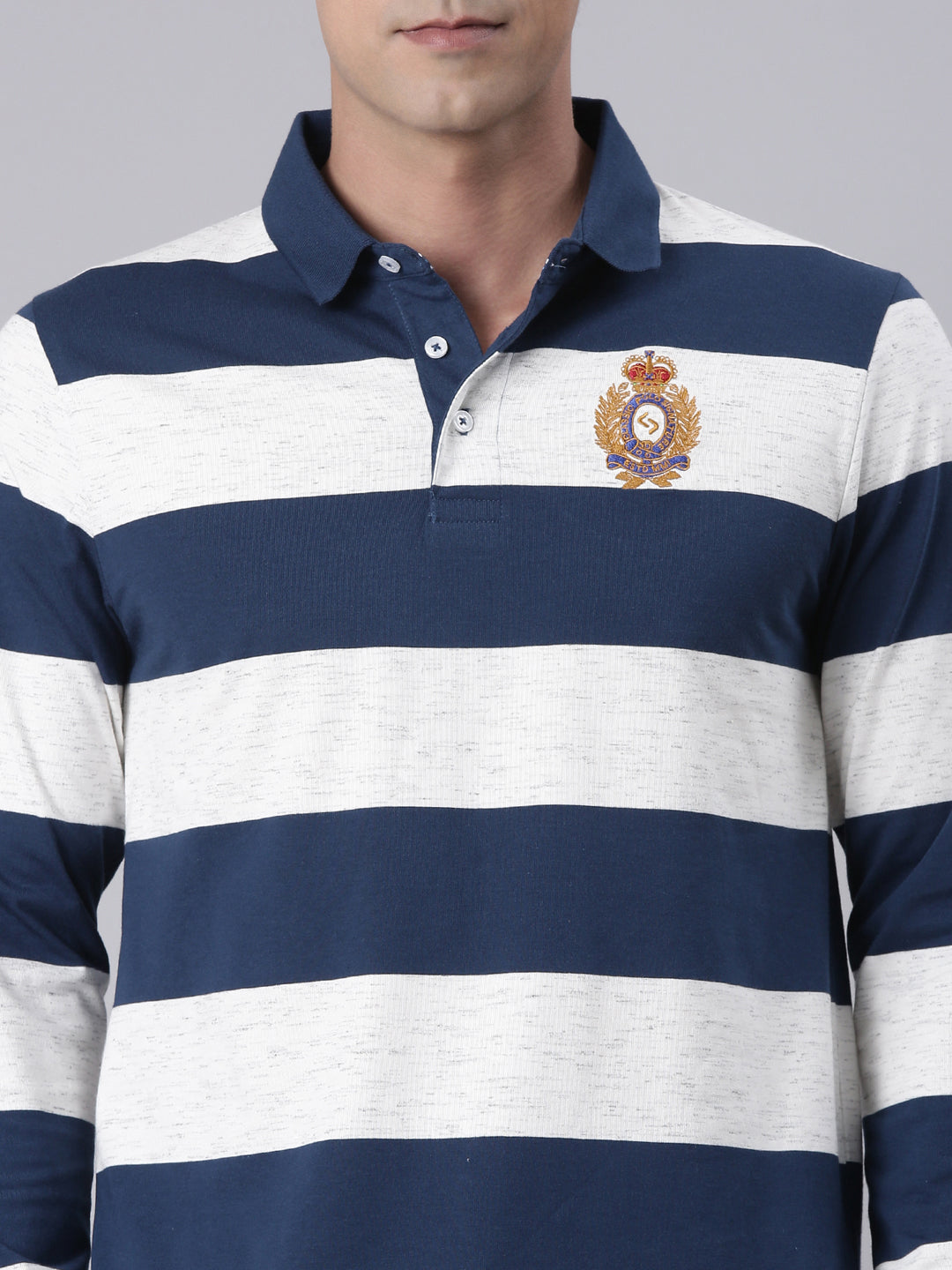 Classic Polo Men's Full Sleeve Navy/Off-White Polo Neck Slim Fit Colorblock Cotton T-Shirt | VERNO - 364 A SF P