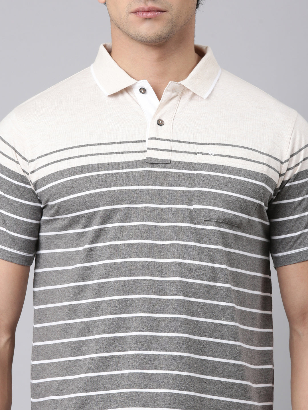 Classic Polo Men's Half Sleeve Grey/White Polo Neck Authentic Fit Striped Cotton Blend T-Shirt | MEL - 287 A AF P