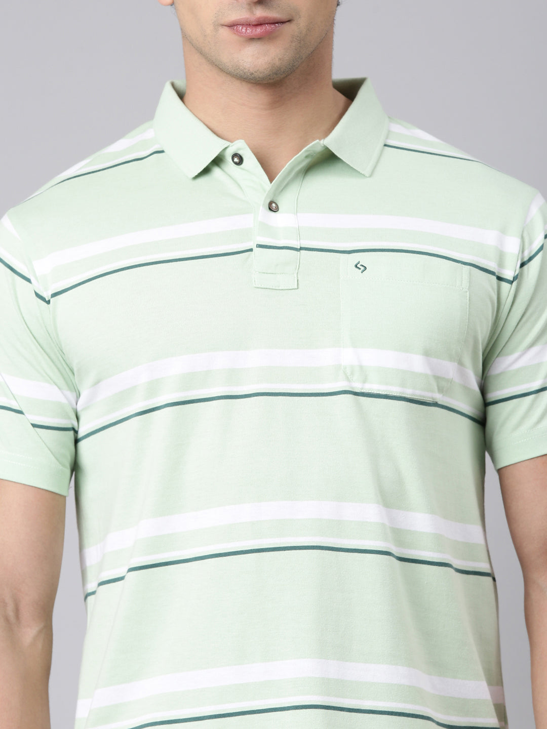 Classic Polo Men's Half Sleeve Light Green/White Polo Neck Authentic Fit Striped Cotton Blend T-Shirt | AVON - 655 B AF P