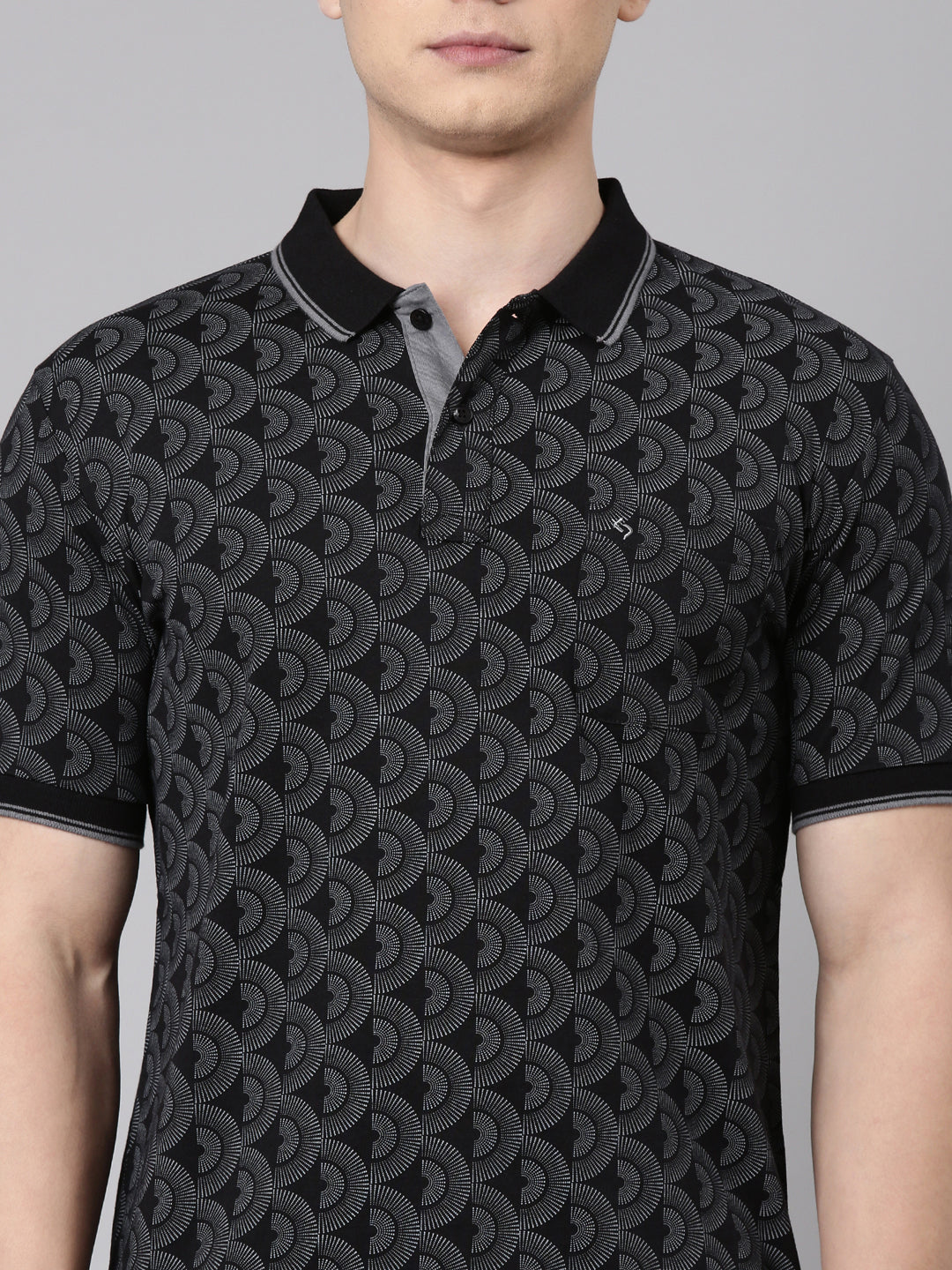 Classic Polo Men's Half Sleeve Black/Grey Polo Neck Slim Fit All-Over Print Cotton T-Shirt | LTS-AOP - 103 B SF P