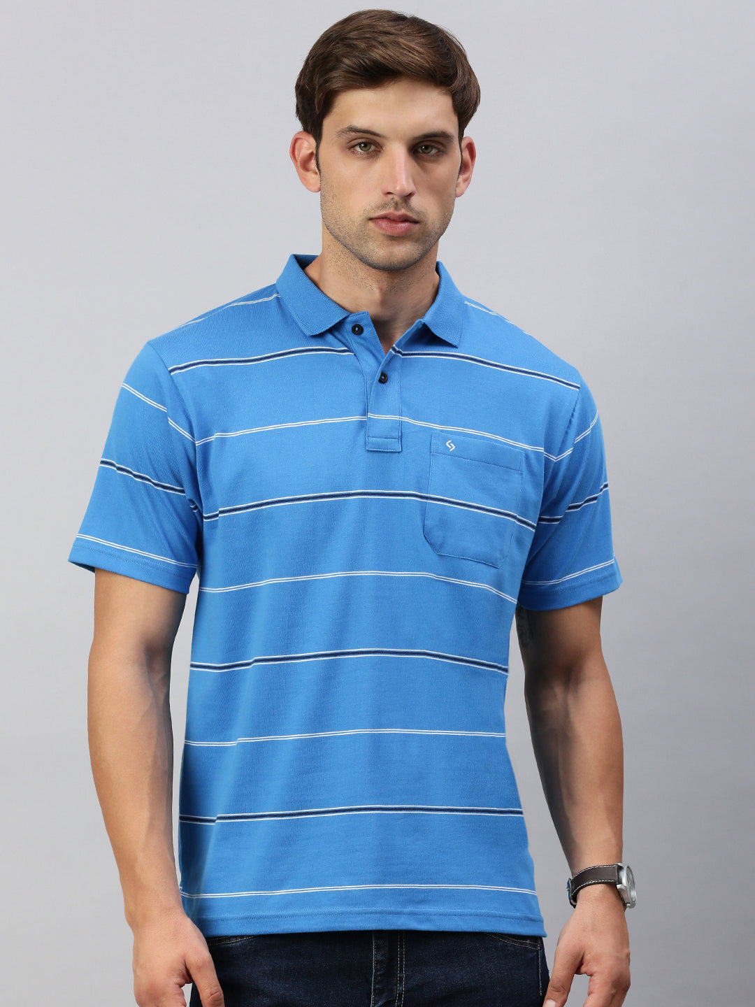 Classic Polo Men's Half Sleeve Royal Blue Polo Neck Authentic Fit Striped T-Shirt | AVON - 581 A AF P