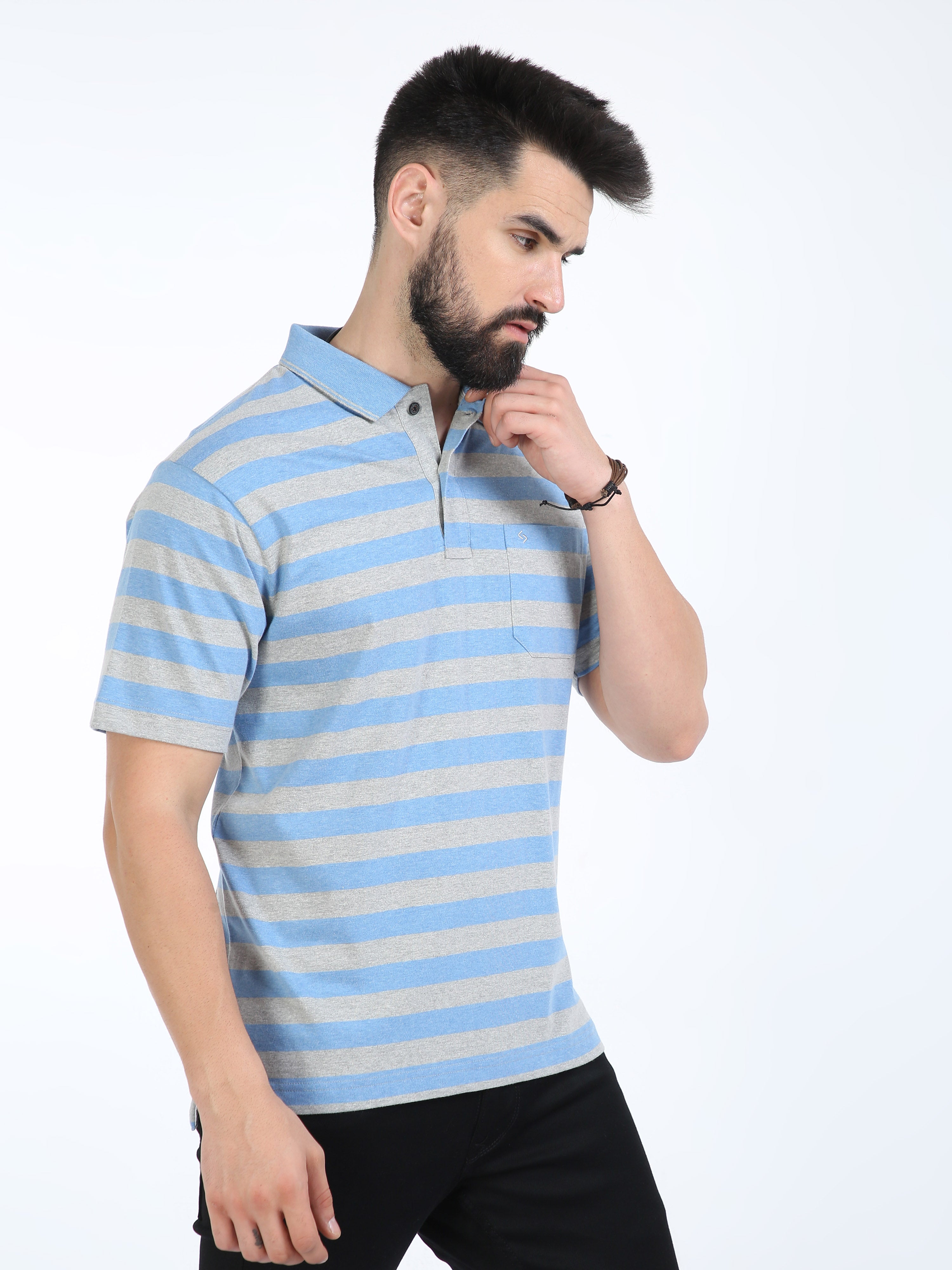 Classic Polo Mens Cotton Half Sleeves Striped Authentic Fit Polo Neck Blue Color T-Shirt | Mel - 239 A Af P