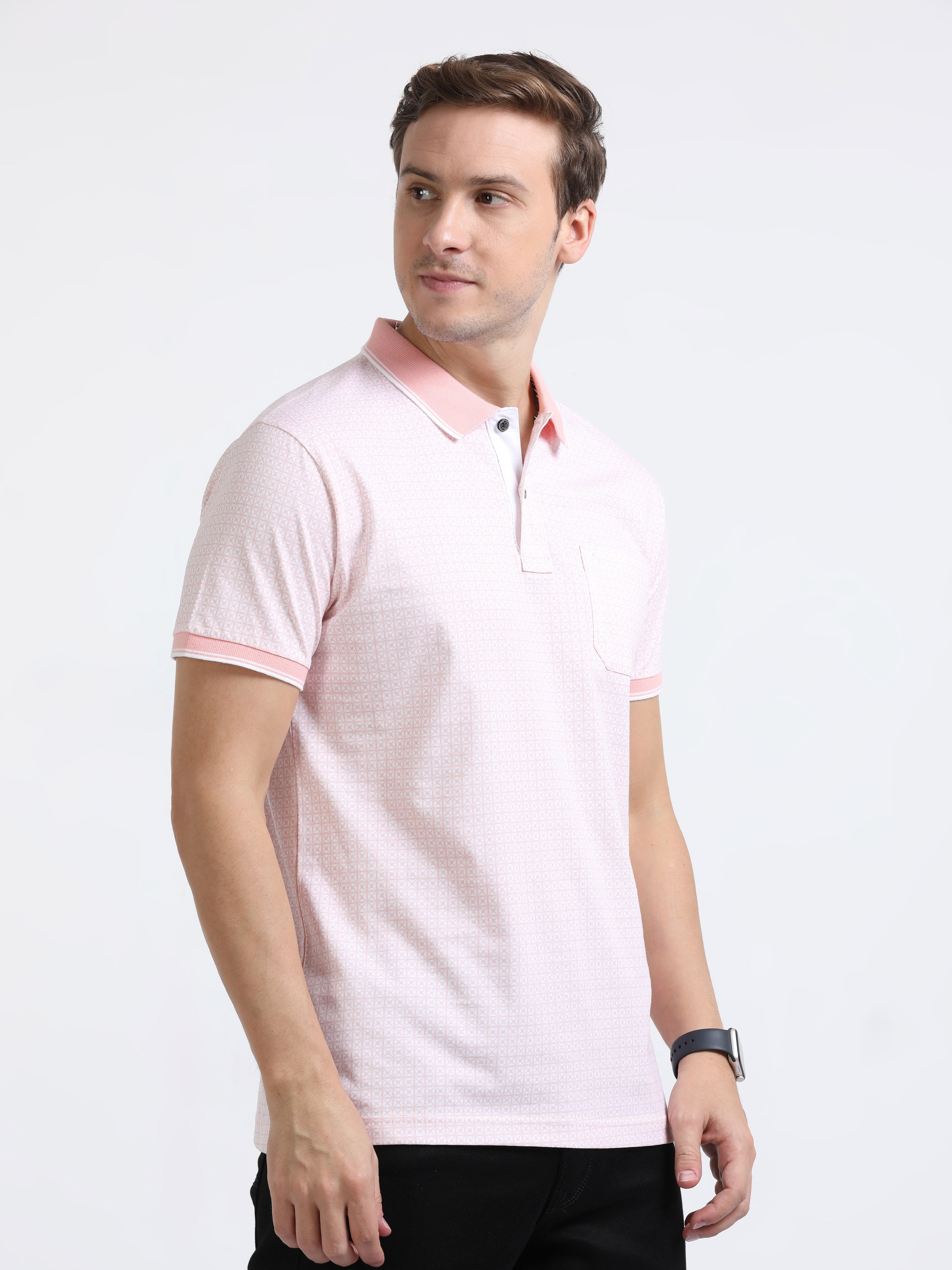 Classic Polo Mens Pure Cotton Half Sleeves Printed Slim Fit Polo Neck Peach Color T-Shirt | Bello - 217 A Sf P