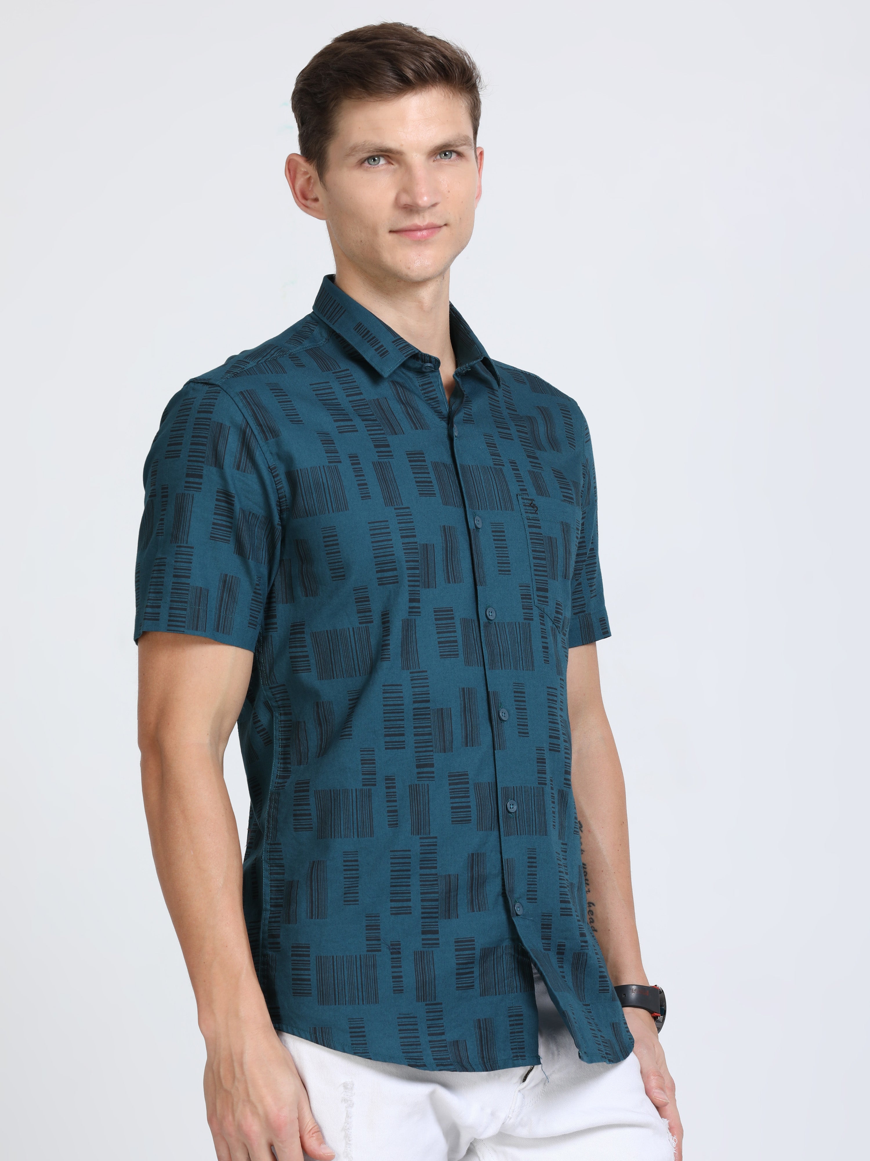 Classic Polo Mens Pure Cotton Half Sleeves Printed Slim Fit Polo Neck Dark Blue Color Woven Shirt | So2-162 B-Hs-Prt-Sf