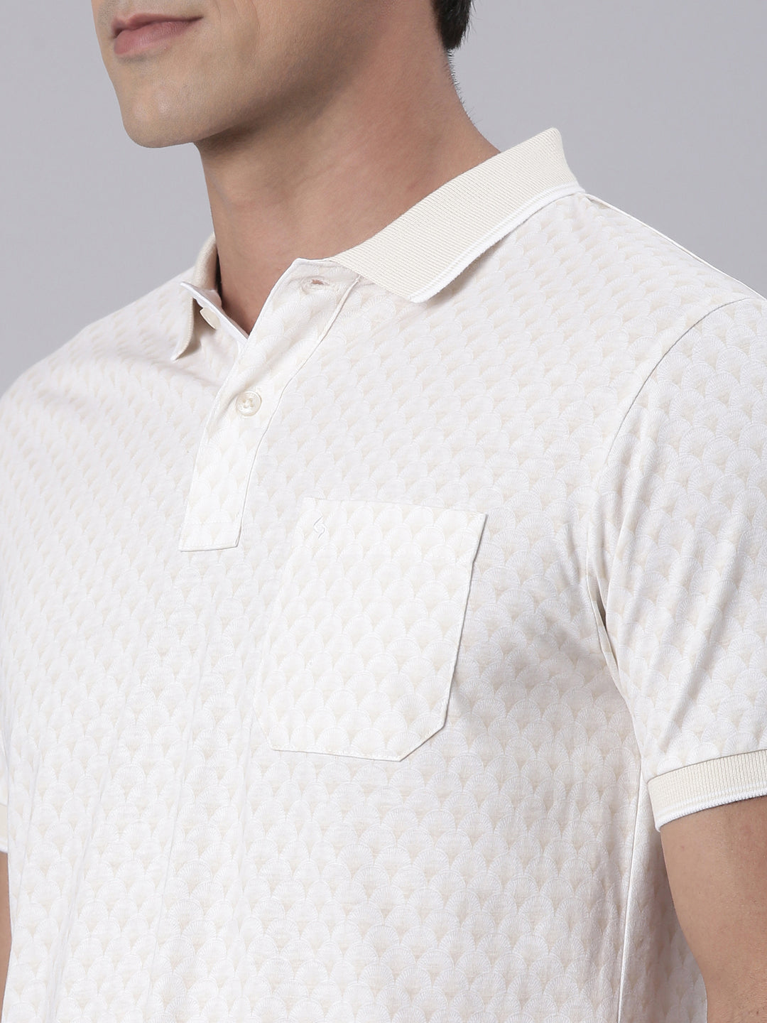 Classic Polo Men's Half Sleeve Beige/White Polo Neck Slim Fit All Over Print Cotton T-Shirt | LTS-AOP - 100 A SF P