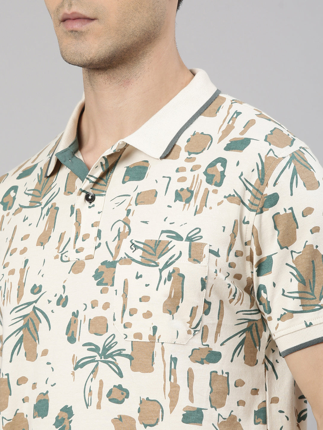 Classic Polo Men's Half Sleeve Beige Polo Neck Slim Fit All-Over Print Cotton T-Shirt | BELLO - 364 A SF P