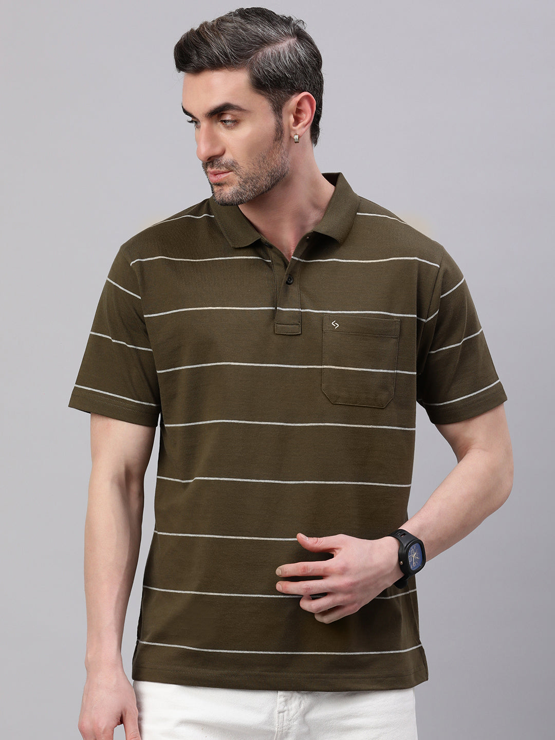Classic Polo Men's Half Sleeve Olive/white Polo Neck Authentic Fit Striped T-Shirt||AVON - 615 B AF P