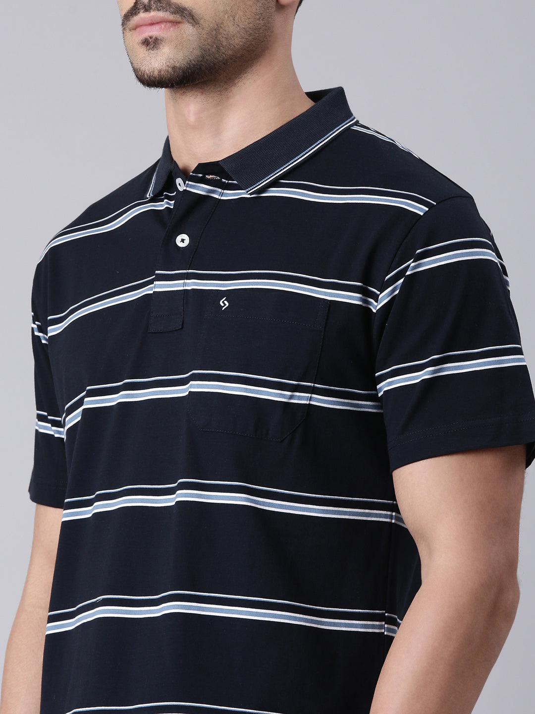 Classic Polo Men's Half Sleeve Black/White Polo Neck Authentic Fit Striped Cotton T-Shirt | AP - 112 B AF P