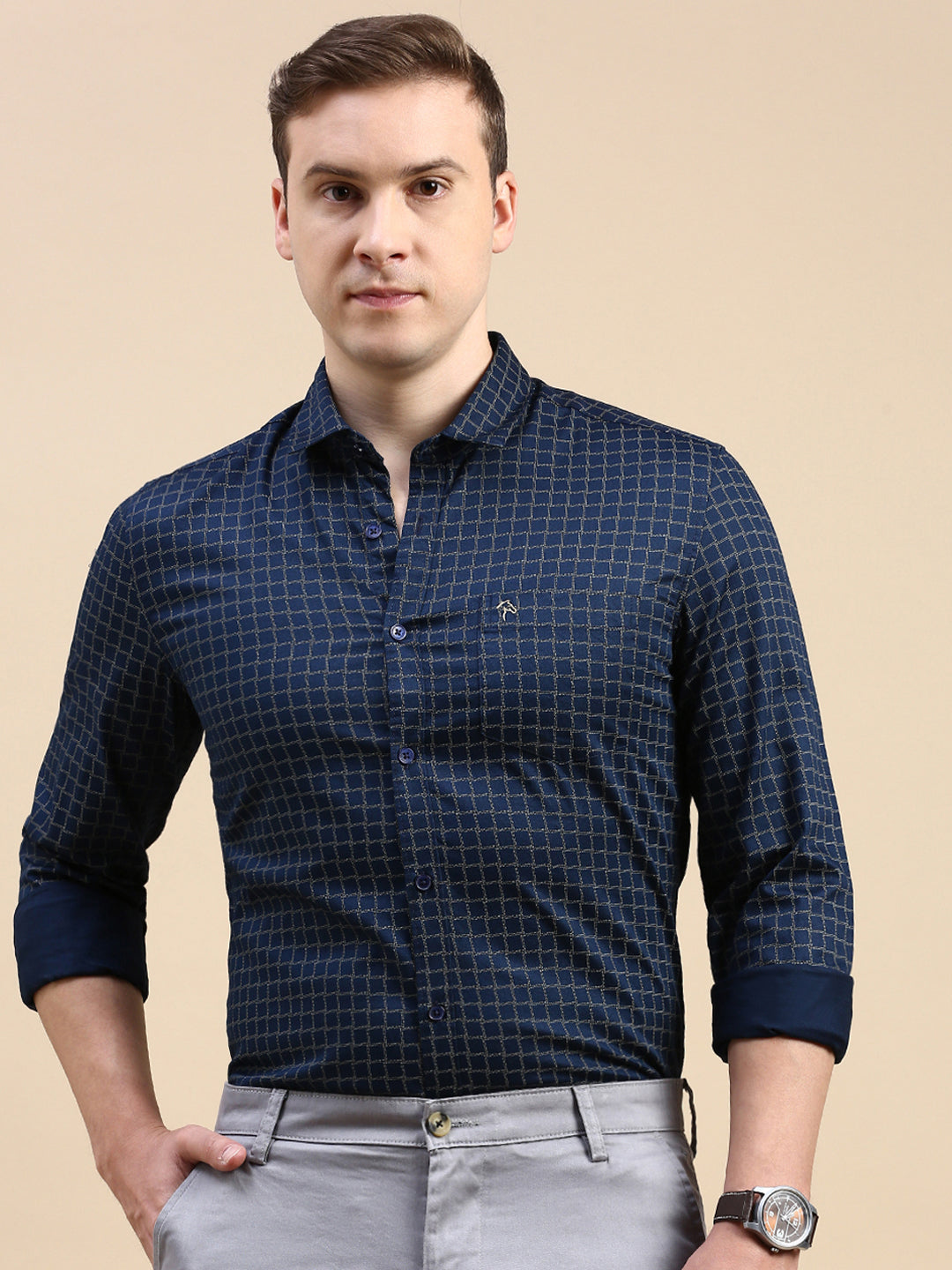 Classic Polo Men's Polo Neck Cotton Navy Blue Slim Fit Printed Shirt | SBP1-26A-FS-PRT-BSL