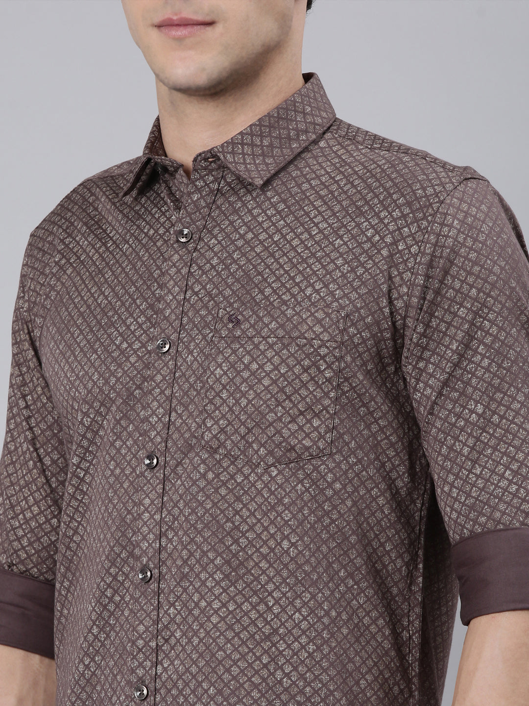 Classic Polo Men's Full Sleeve Dark Brown Polo Neck 100% Cotton Slim Fit Shirt | SP2-148-PRT-SF FS