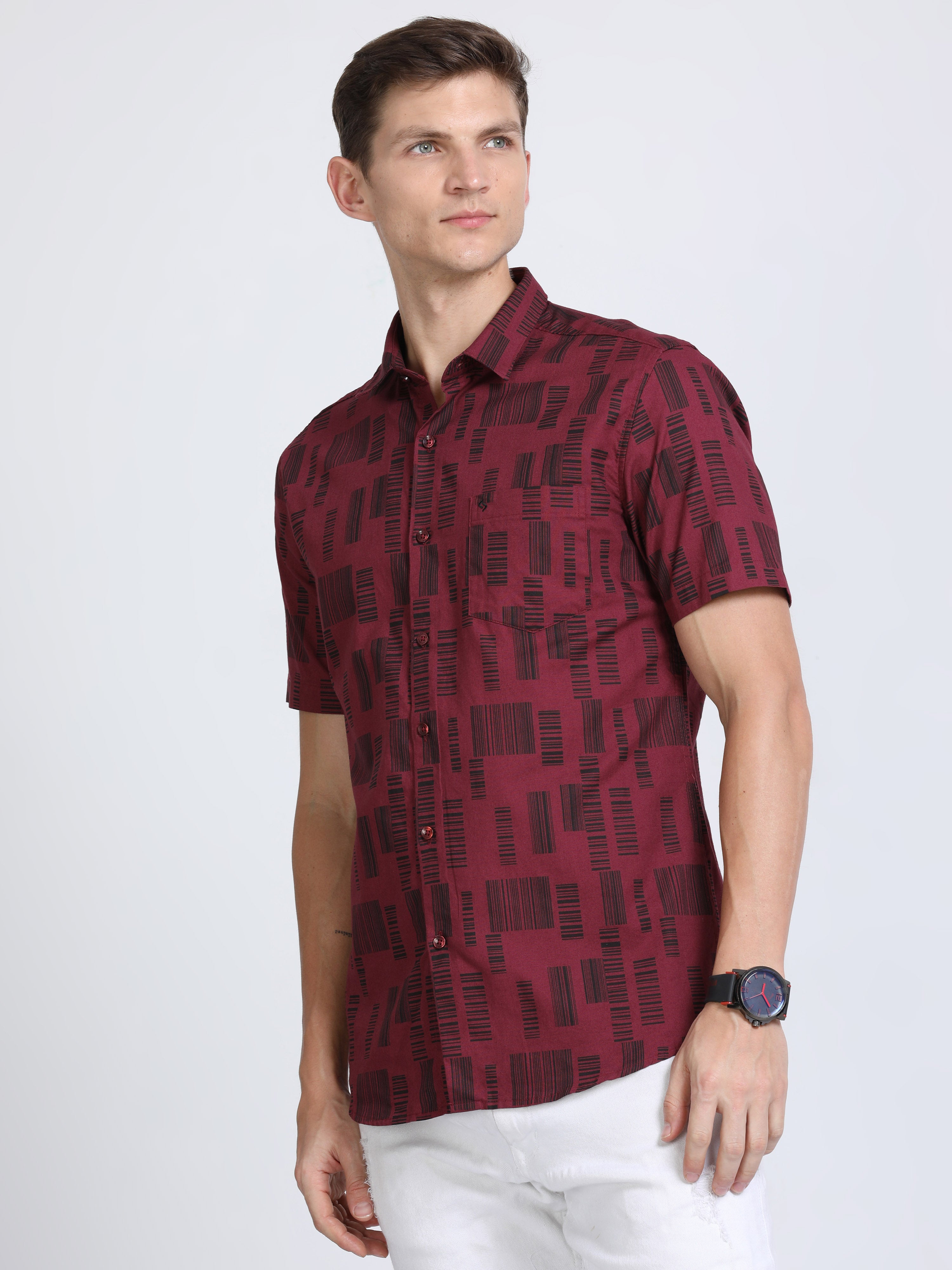 Classic Polo Mens Pure Cotton Half Sleeves Printed Slim Fit Polo Neck Maroon Color Woven Shirt | So2-162 A-Hs-Prt-Sf