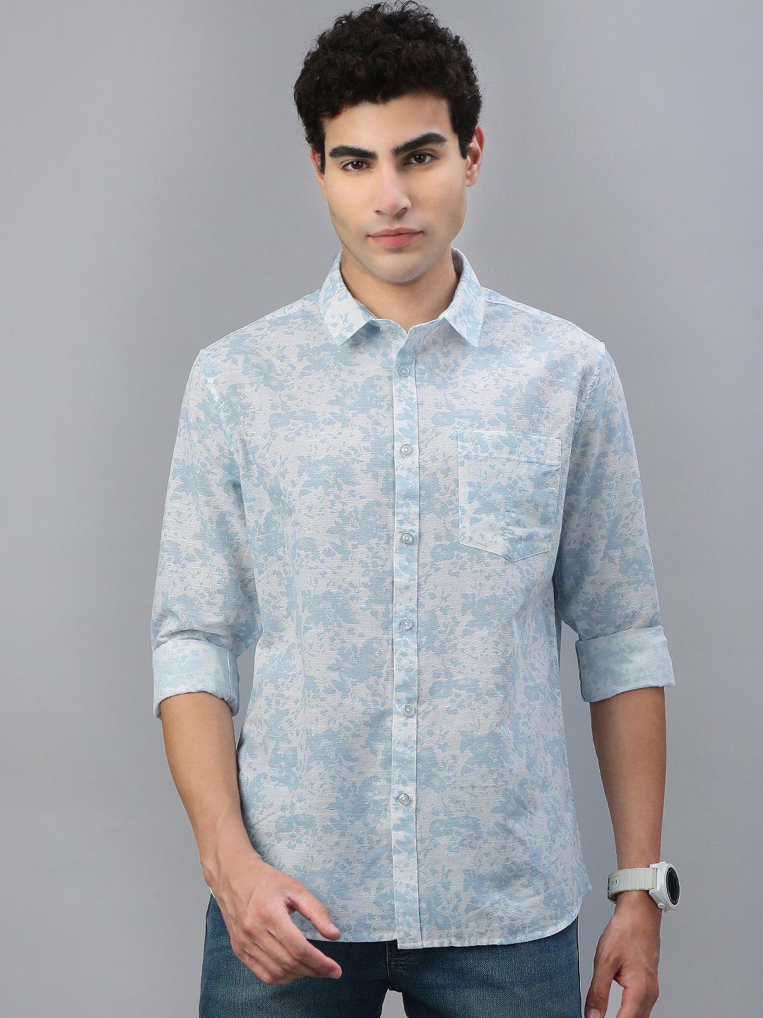 Classic Polo Men's Full Sleeve Lt.Blue/White Polo Neck Slim Fit All Over Print Shirt||SQ1-CL-09 B-FS-PRT-SF