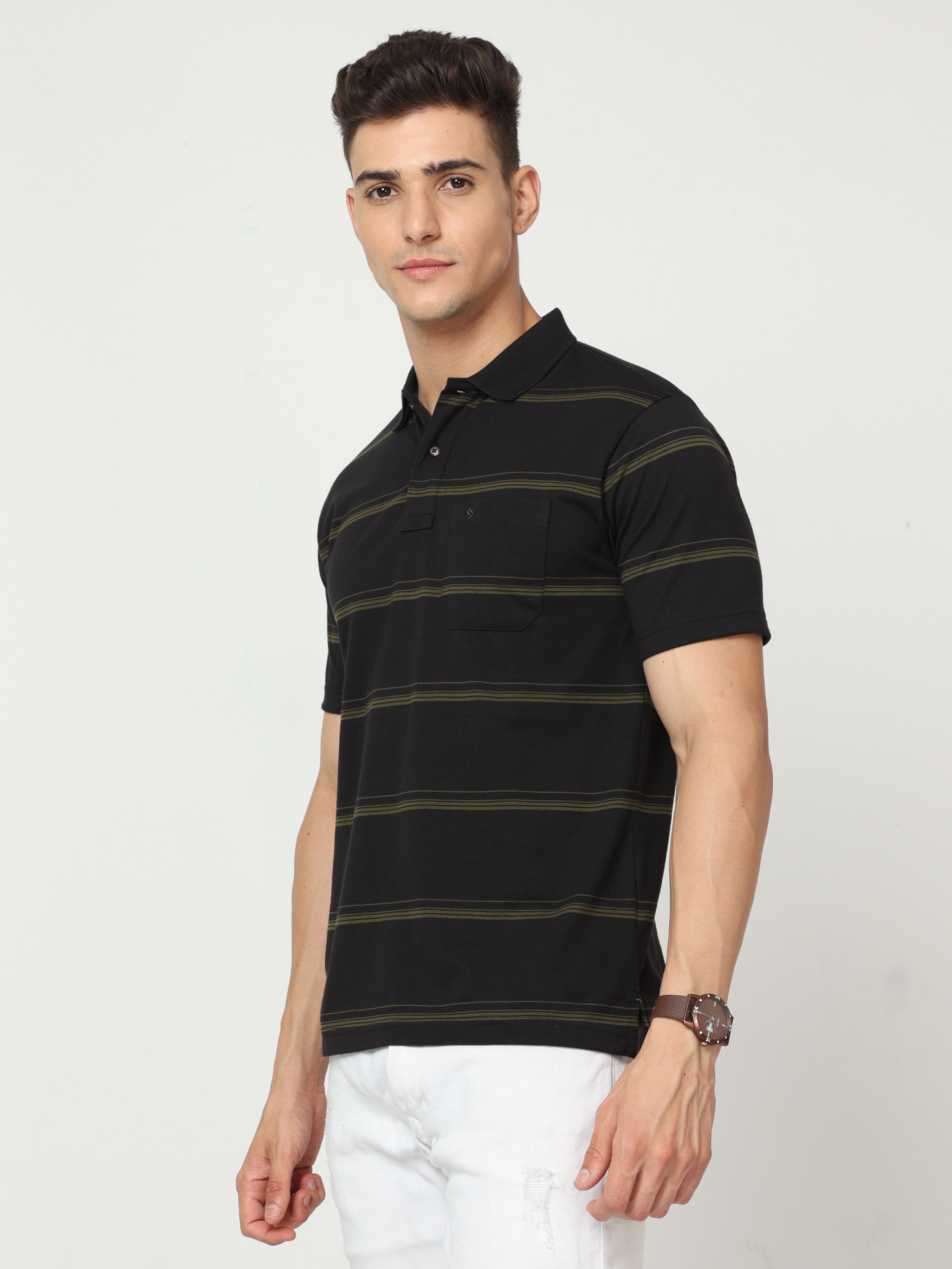 Classic Polo Mens Pure Cotton Half Sleeve Striped Regular Fit Polo Neck Black Color T Shirt | F-Avon - 110 B