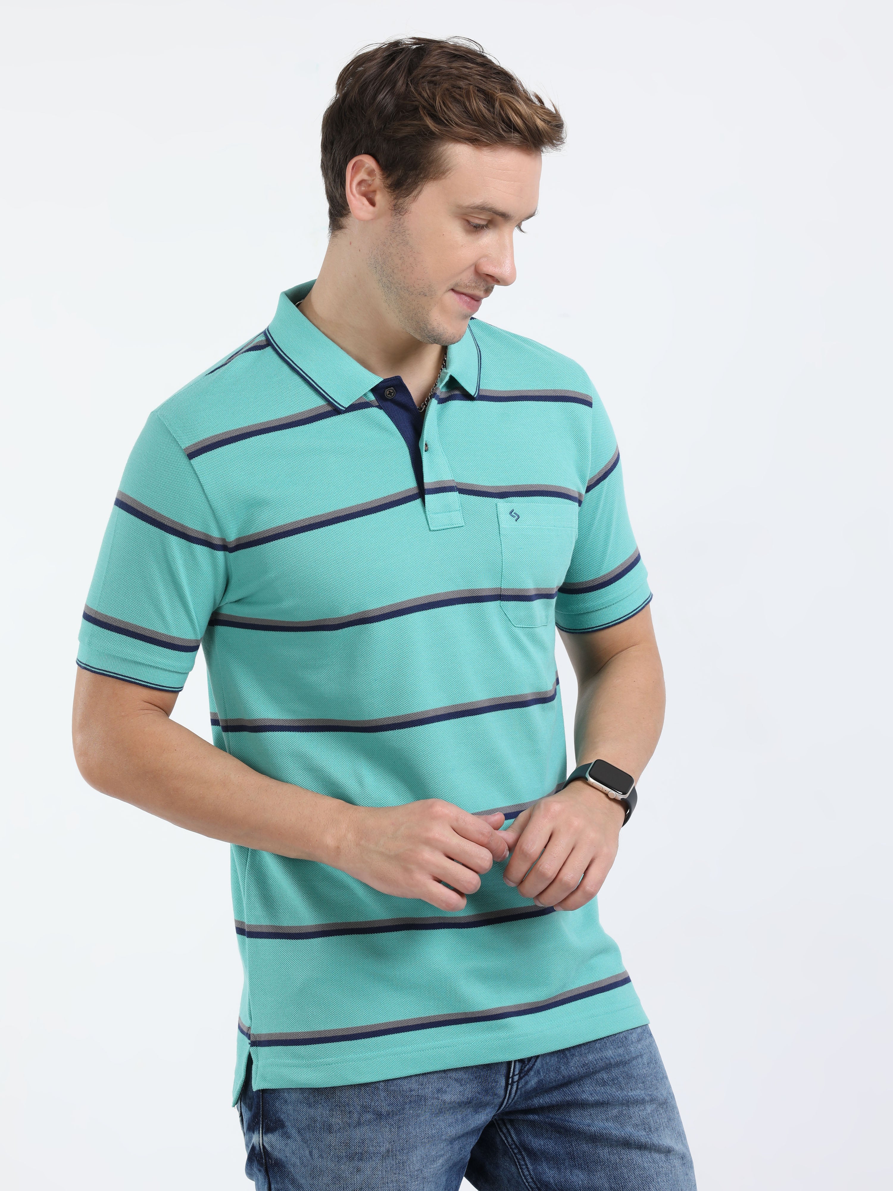 Classic Polo Mens Cotton Half Sleeves Striped Slim Fit Polo Neck Blue Color T-Shirt | Adore - 208 B Sf P