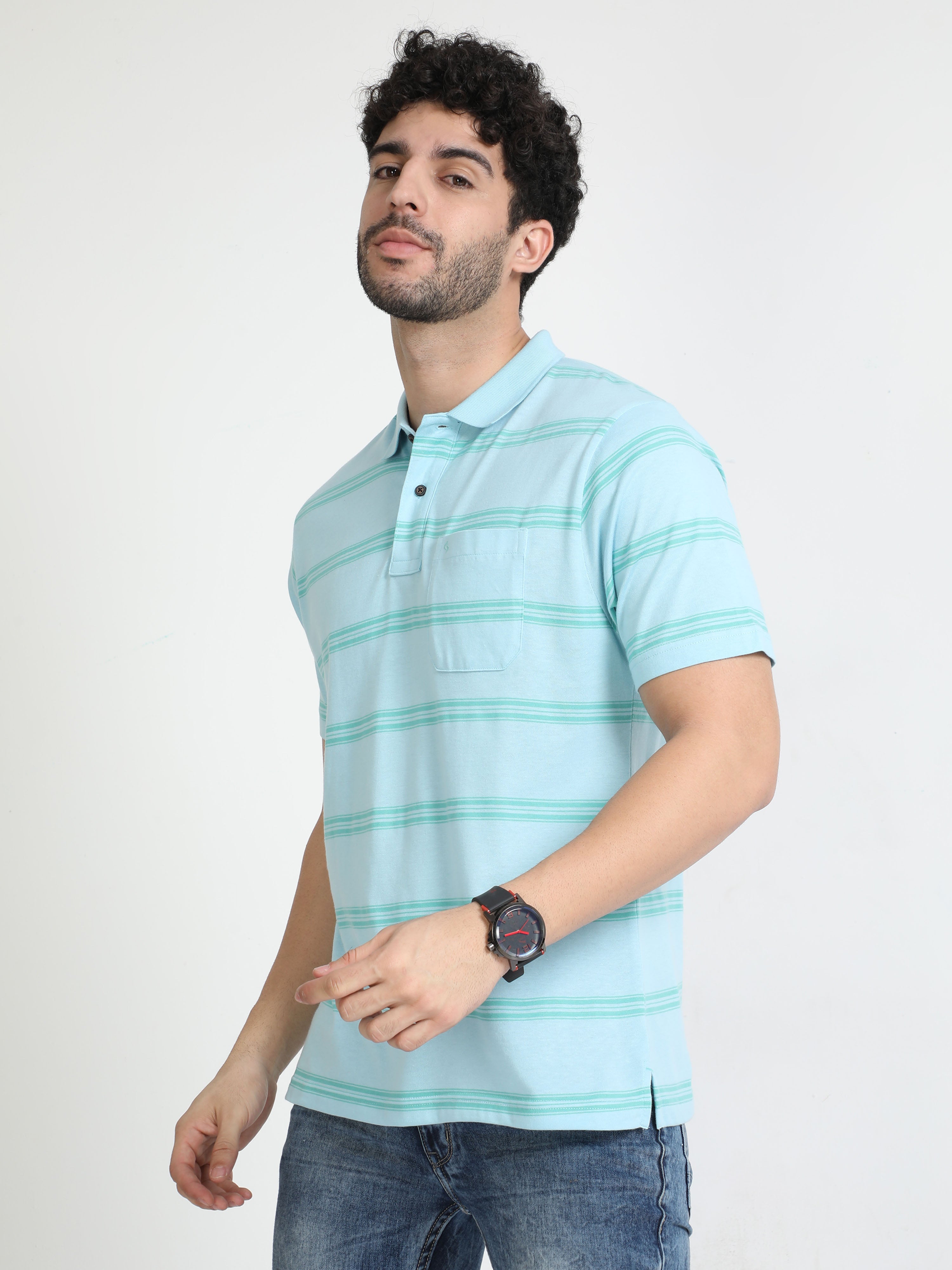 Classic Polo Mens Cotton Half Sleeves Striped Authentic Fit Polo Neck Aqua Color T-Shirt | Avon - 536 B Af P